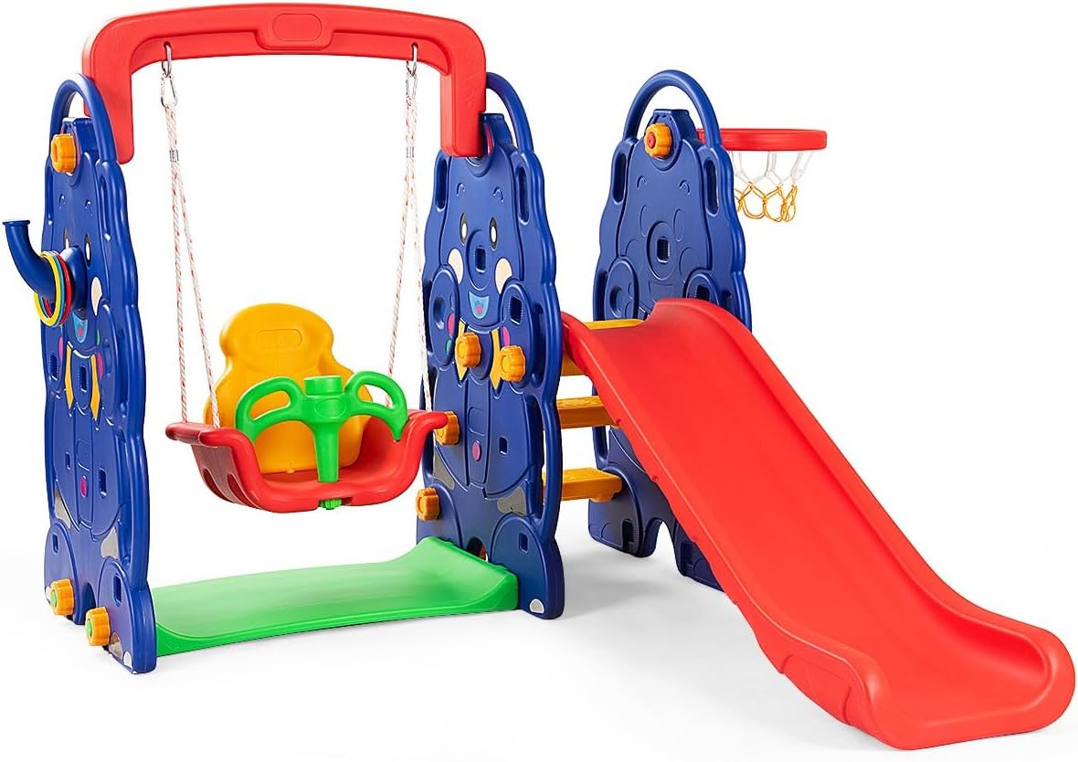 GLACER 5-in-1 Toddler Slide with Swing, Children Indoor Playground w/Climber, Toss & Basketball Hoop, Backyards Slide Sets for Baby, Indoor Outdoor Swing Sets for Backyard, Garden, Patio
