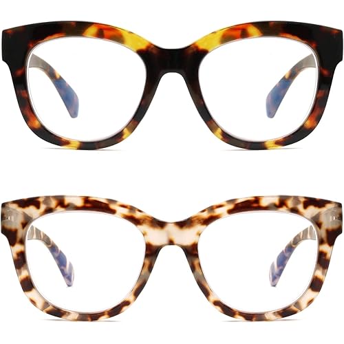 2 Pairs Oversized Retro Reading Glasses for Women, Oprah Style Large Blue Light Blocking Readers