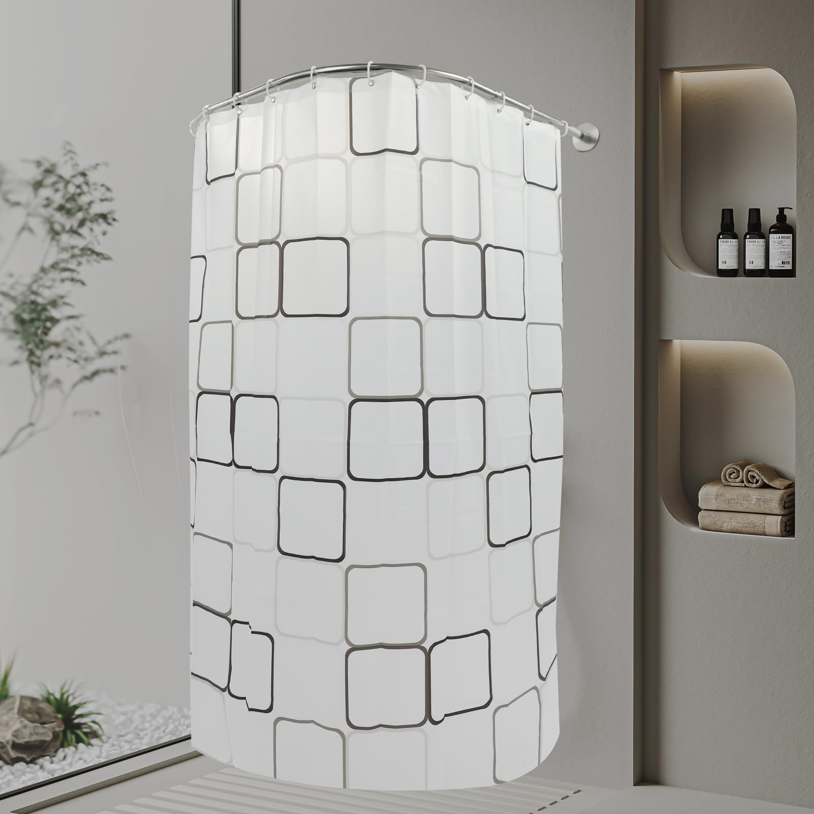 Tringle de douche extensible en forme de U 0,9 à 1,3 m avec rideau de douche, en acier inoxydable, sans perçage, pour salle de bain, WC, balcon