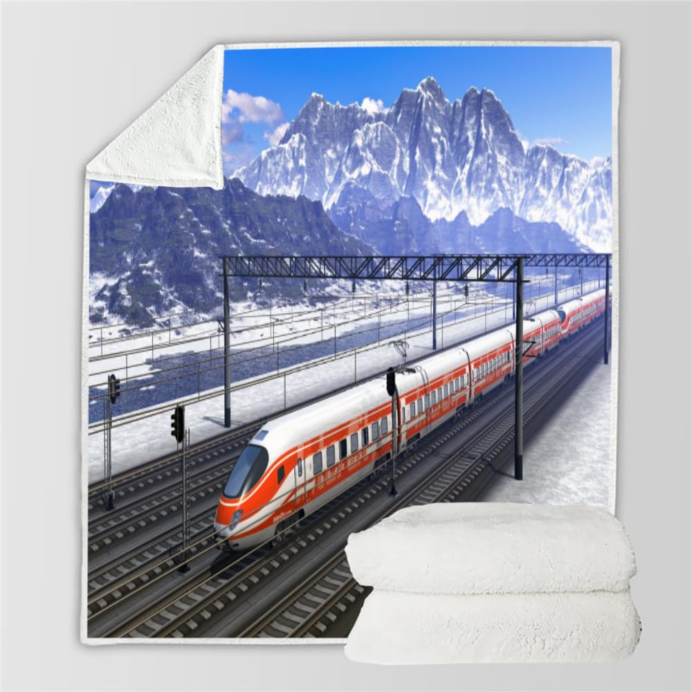 Kuscheldecke Erwachsene 3D Zug Flanelldecke Sherpa Fleecedecke Motiv Decke 150x200 cm Mädchen Jungen Schneeberg Weiche Microfaser Warmer Wohndecke Bettüberwurf Sofatdecke
