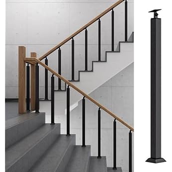 Stair Handrail Railing Handrail Stair Posts Adjustable Connector Deck Stair Handrail Square Handrail For Ground Mount With Mounting Kit Black Color 1 Pack, Size H 70cm/27.5 in