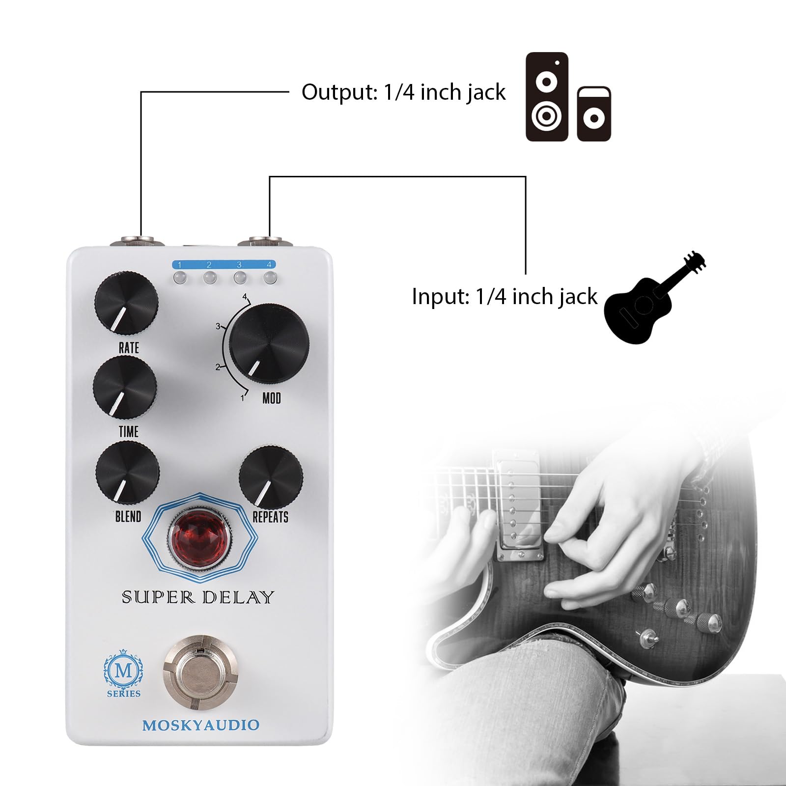 Pedał Efektów Gitarowych Super Delay z Analogowym Opóźnieniem Taśmowym dla Gitarzystów Elektrycznych | Mieszanie/Czas/Szybkość/Powtórzenia/Pokrętło 4 Trybów | True Bypass, Wytrzymały Stop