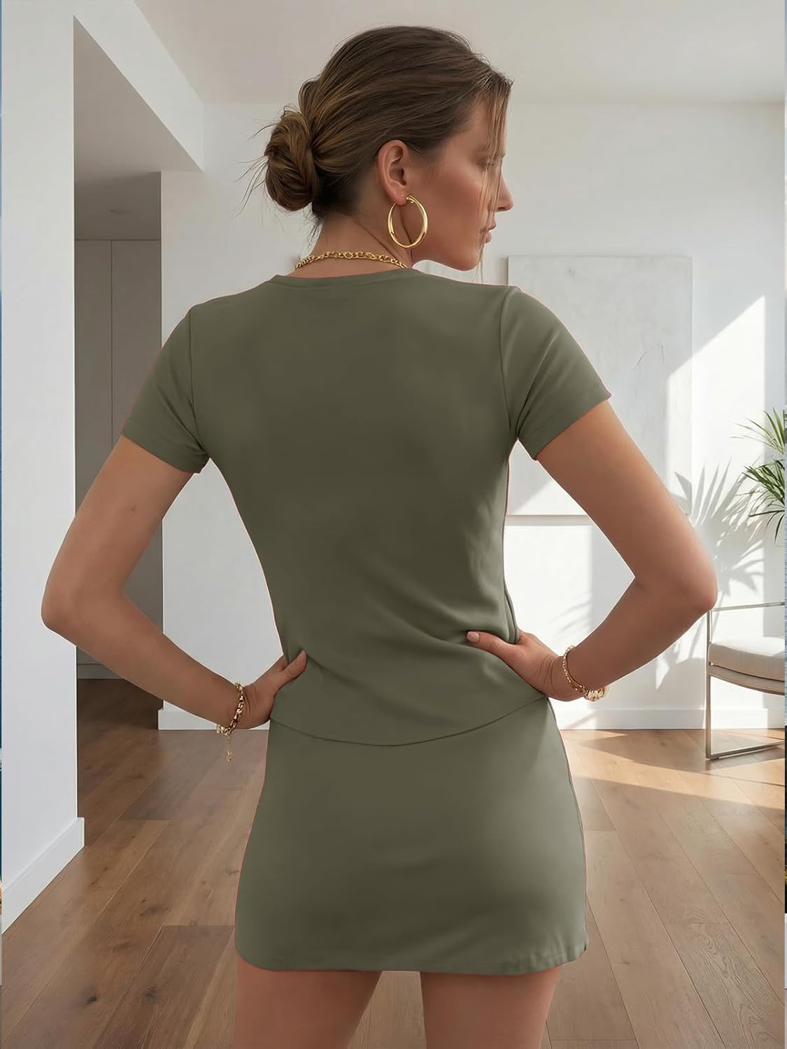 EXLURA Womens Summer 2 Piece Short Skirt Sets Cotton Short Sleeve Button Shirt Matching Tennis Skort Travel Vacation Outfits - Image 4