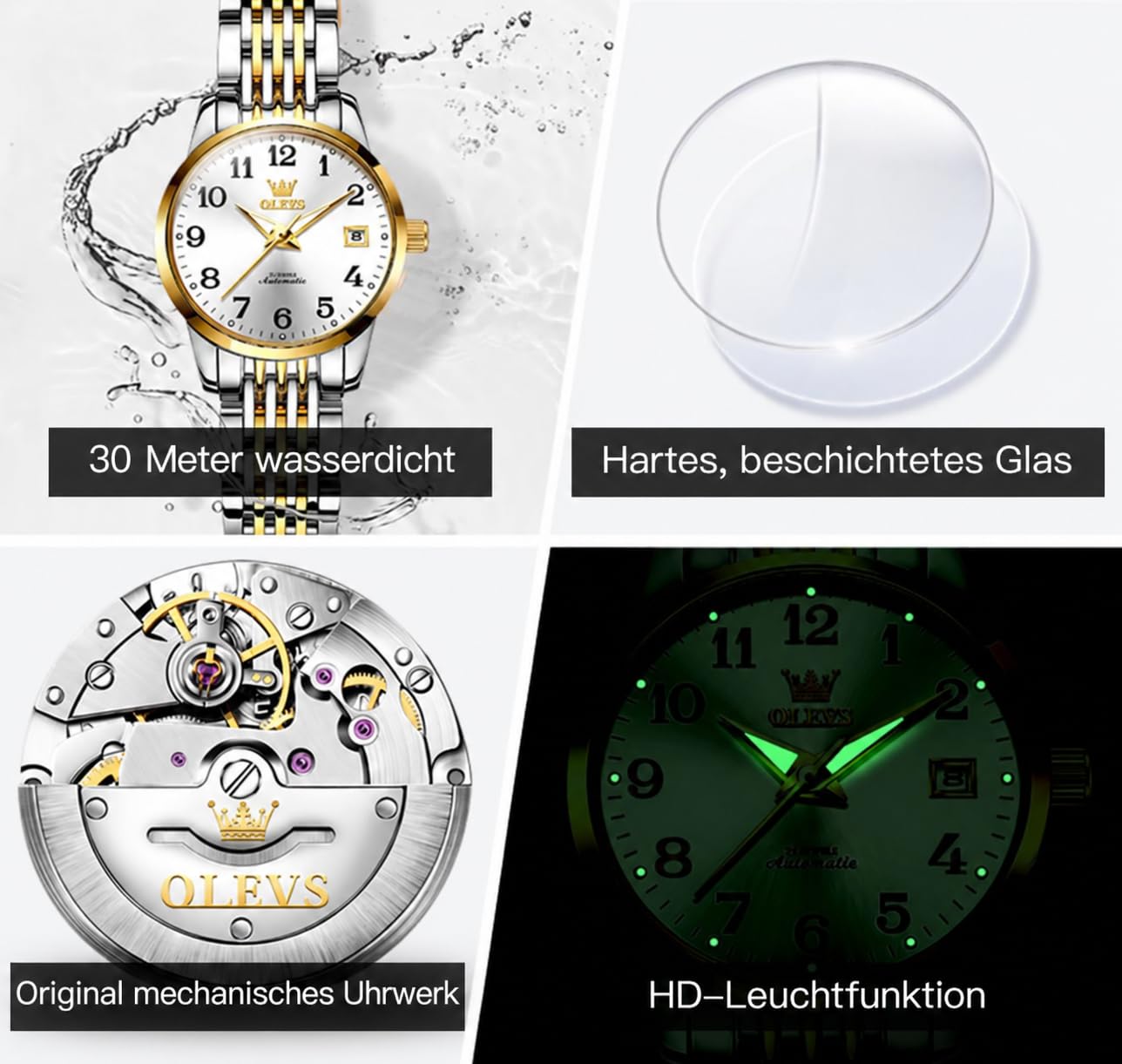 Taxau Automatik Armbanduhr Damen Silber und Gold Mechanische Wasserdicht