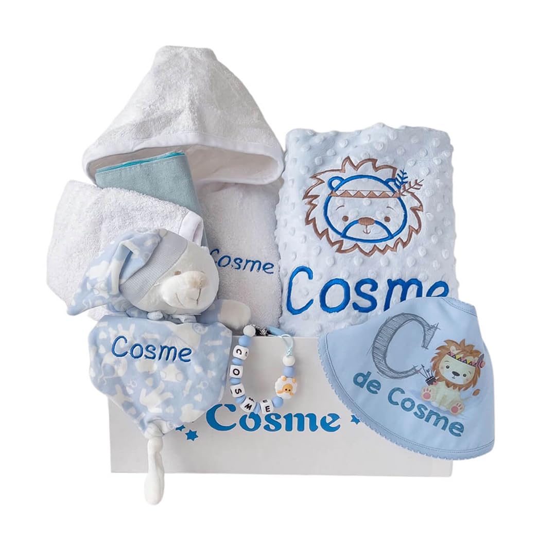 Canastilla Personalizada para Recien Nacido - Cesta regalo albornoz Dou dou y Babero y Albornoz - Regalos Bebé (Azul)