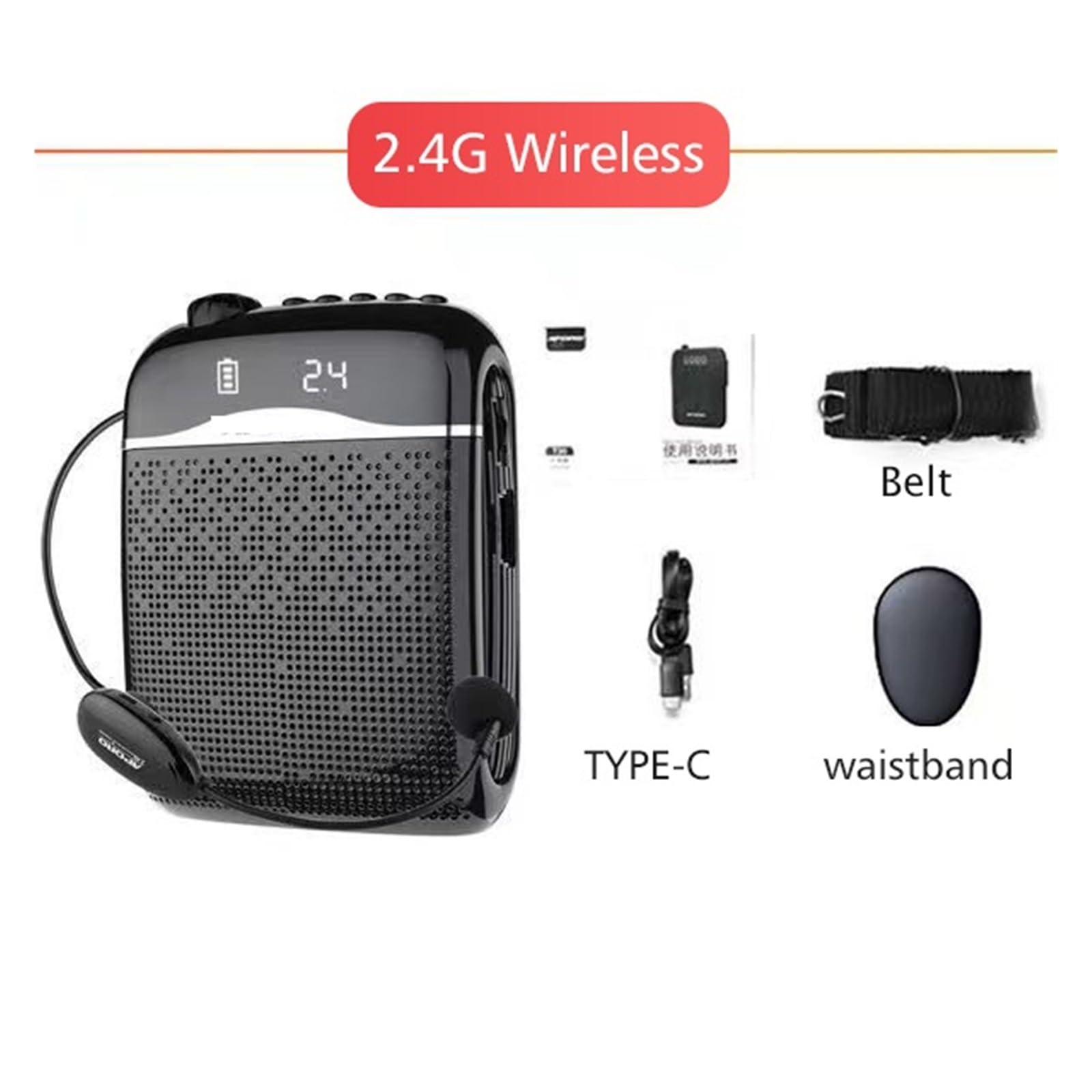Amplificatori Vocali Wireless Cablati/2.4G Microfono 5.0 Altoparlante Insegnante Scuola Guida Turistica 20W Radio FM Portatile Megafoni per l'Insegnamento(Black-2.4G Wireless)
