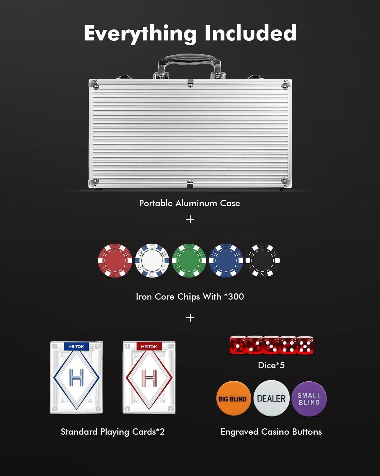 HEITOK 300 Piece Poker Chip Set 11.5g Heavyweight Casino Style Chips With Aluminum Case Playing Cards Blind Buttons And Dice For Texas Holdem Blackjack
