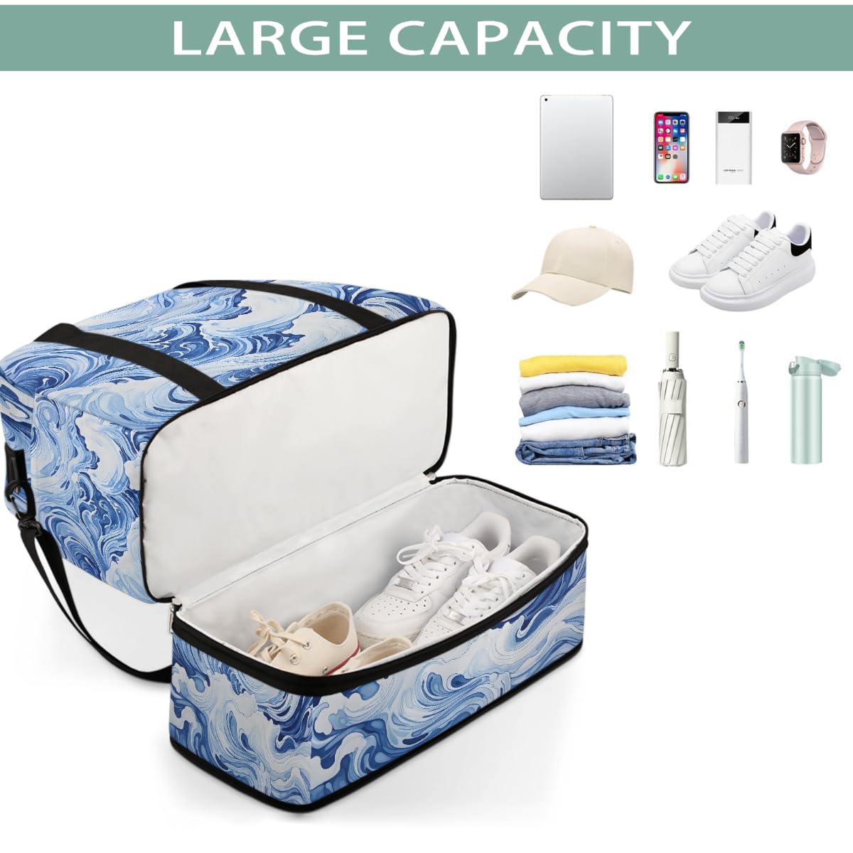 Borsone da viaggio pieghevole con motivo astratto a onde oceaniche, borsa da palestra espandibile con scomparto per scarpe, borsa da weekend di grande capacità, borsa da viaggio per sport, viaggi