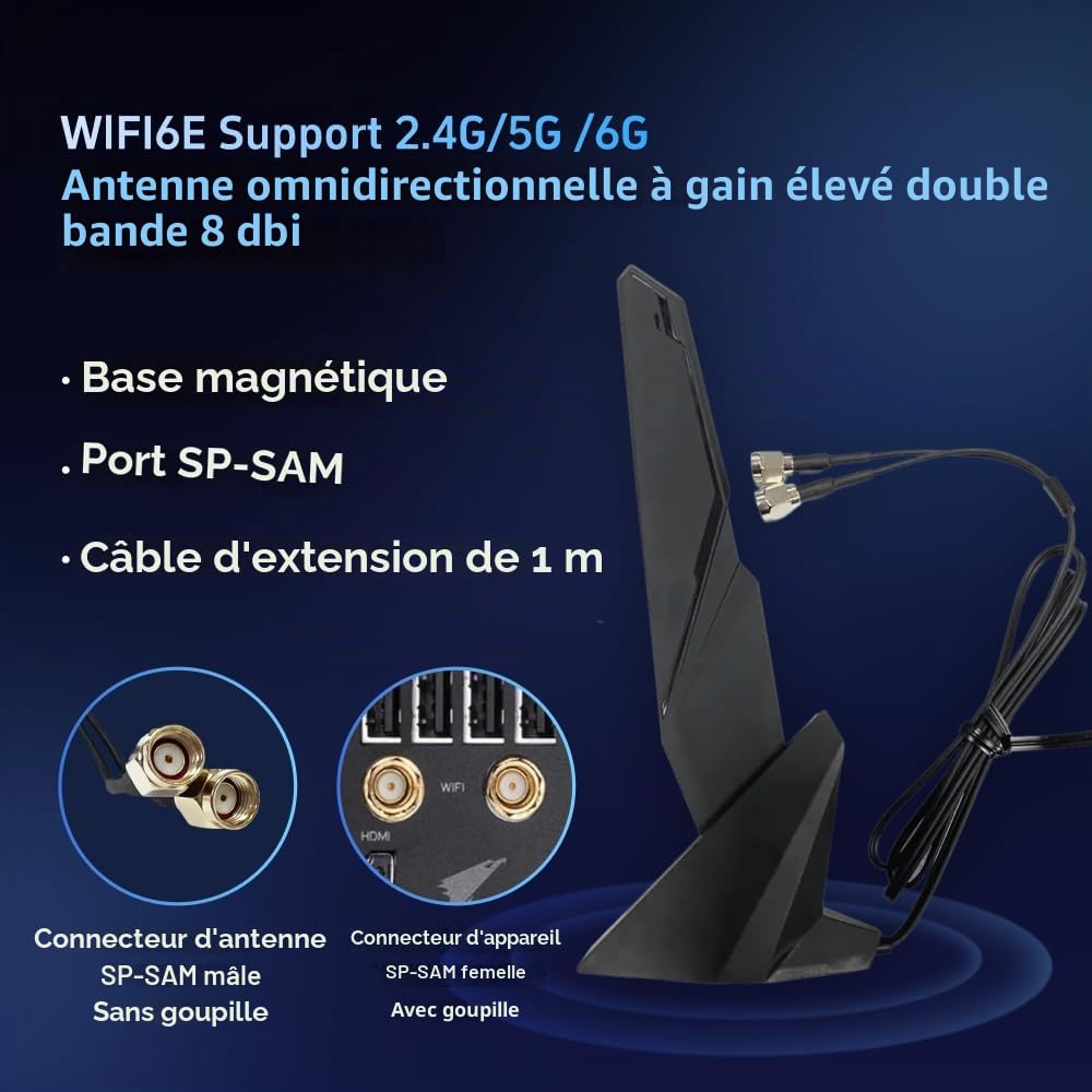 Antenne SMA WiFi 6e 2T2R 2,4 G/5 G double bande pour GIGABYTE AORUS Z390 Z490 Z590 X470 X570 X570S X570I H470 B460 H470I B450 B550 B560 B560 B560 0I AORUS PRO AX X299X
