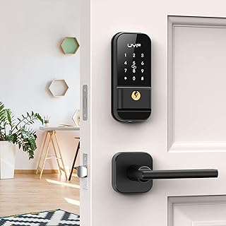 Keyless Entry Door Lock with Handles, UYF Electronic Keypad Deadbolt Lock with Lever, Front Door Lock Set, Auto Lock, Smart Digital Touchscreen with Fobs Code Key, Easy Installation