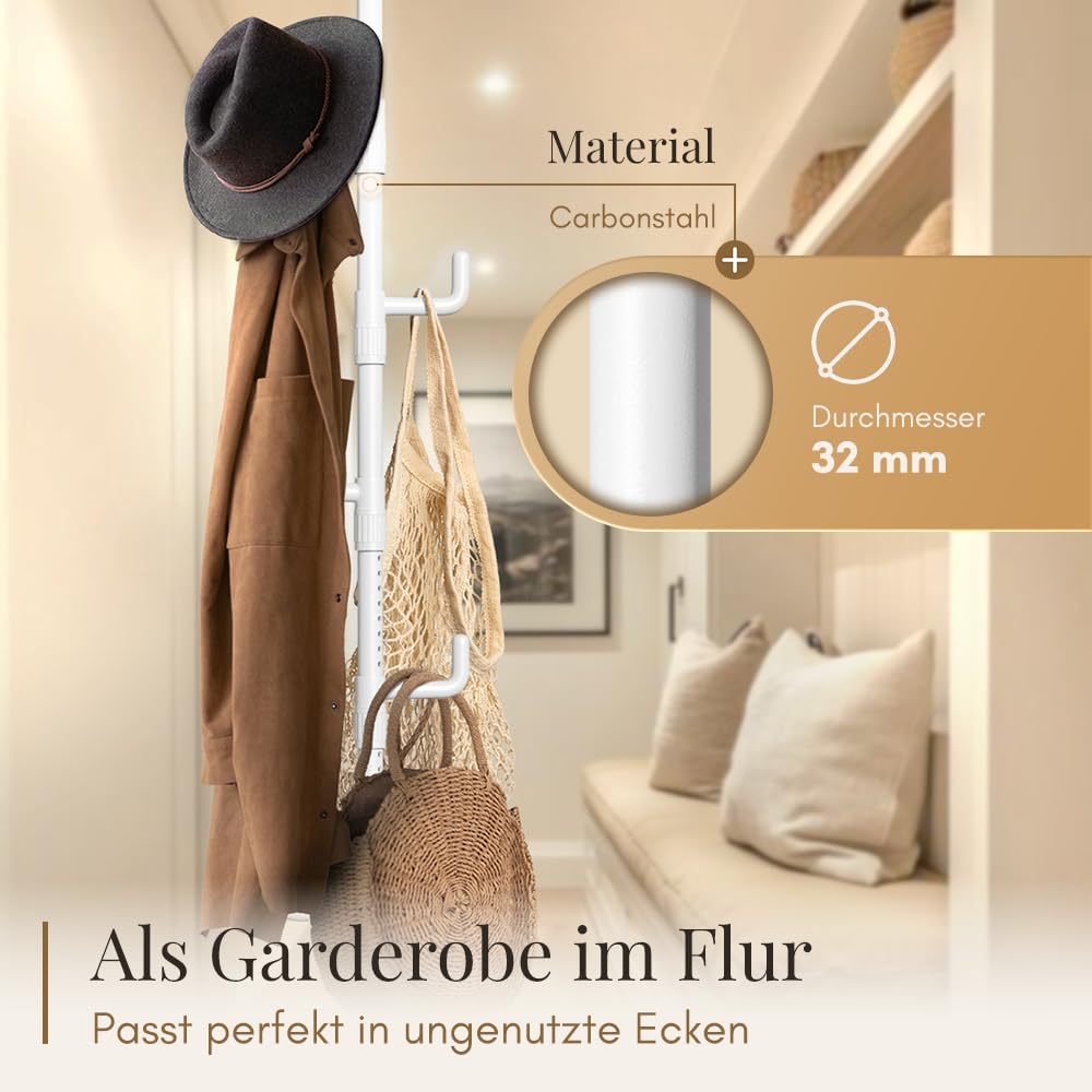 LOBUX® - Garderobenständer ausziehbar, 5 Haken [weiß, 110-310cm] – Teleskop Kleiderständer stabil – Garderobe platzsparend aus Metall – Herrendiener Schlafzimmer – Flurgarderobe – Wäscheständer Balkon