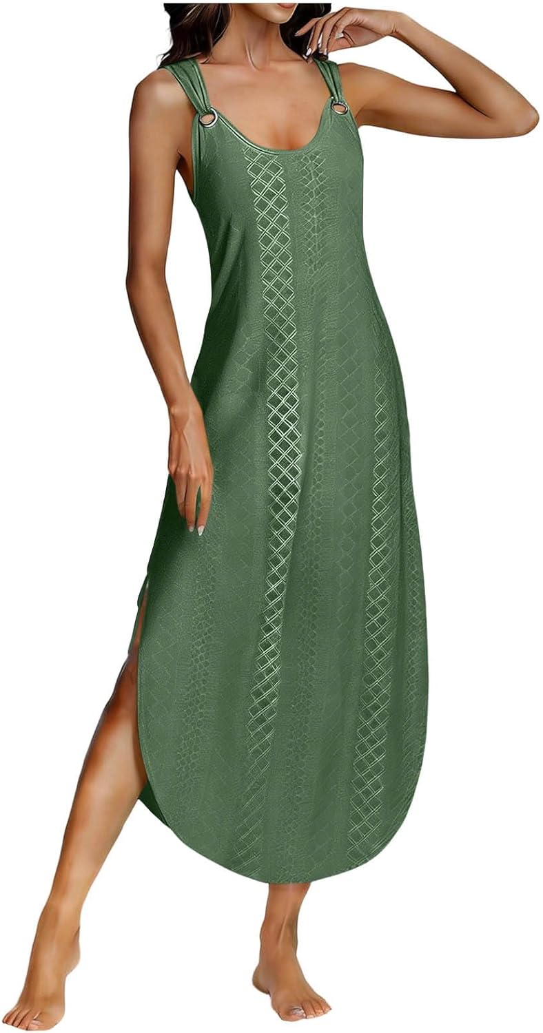 Sun Dresses for Women 2026 Vacation Soft V Neck Sleeveless Maxi Dress Side Slit Hollow Eyelet Sundress Spring Summer - Image 5