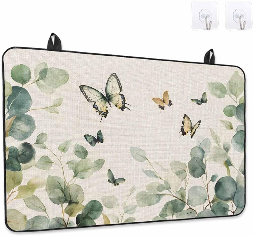 Stove Cover for Electric Stove 24x21 Inch Eucalyptus Leaf Butterfly Stove Top Cover Ombre Green Leaf Glass Cooktop Covers Anti-Slip & Heat Resistant Countertop Protector Home Kitchen Decor