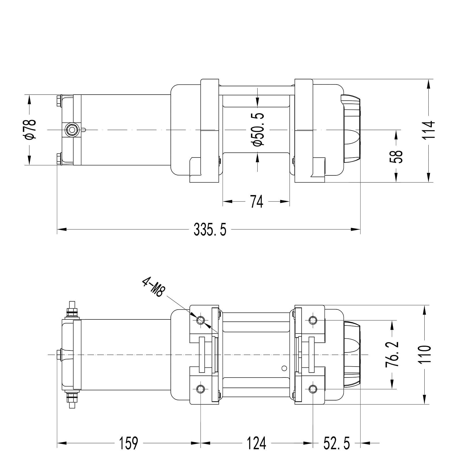 Winchmax Cabrestante eléctrico de Grado Militar de 24 V, Cuerda sintética Dyneema SK75 de 15,5 m x 5 mm, Gancho de Horquilla de 1/4 Pulgadas. Controles remotos inalámbricos para Dos Auriculares.