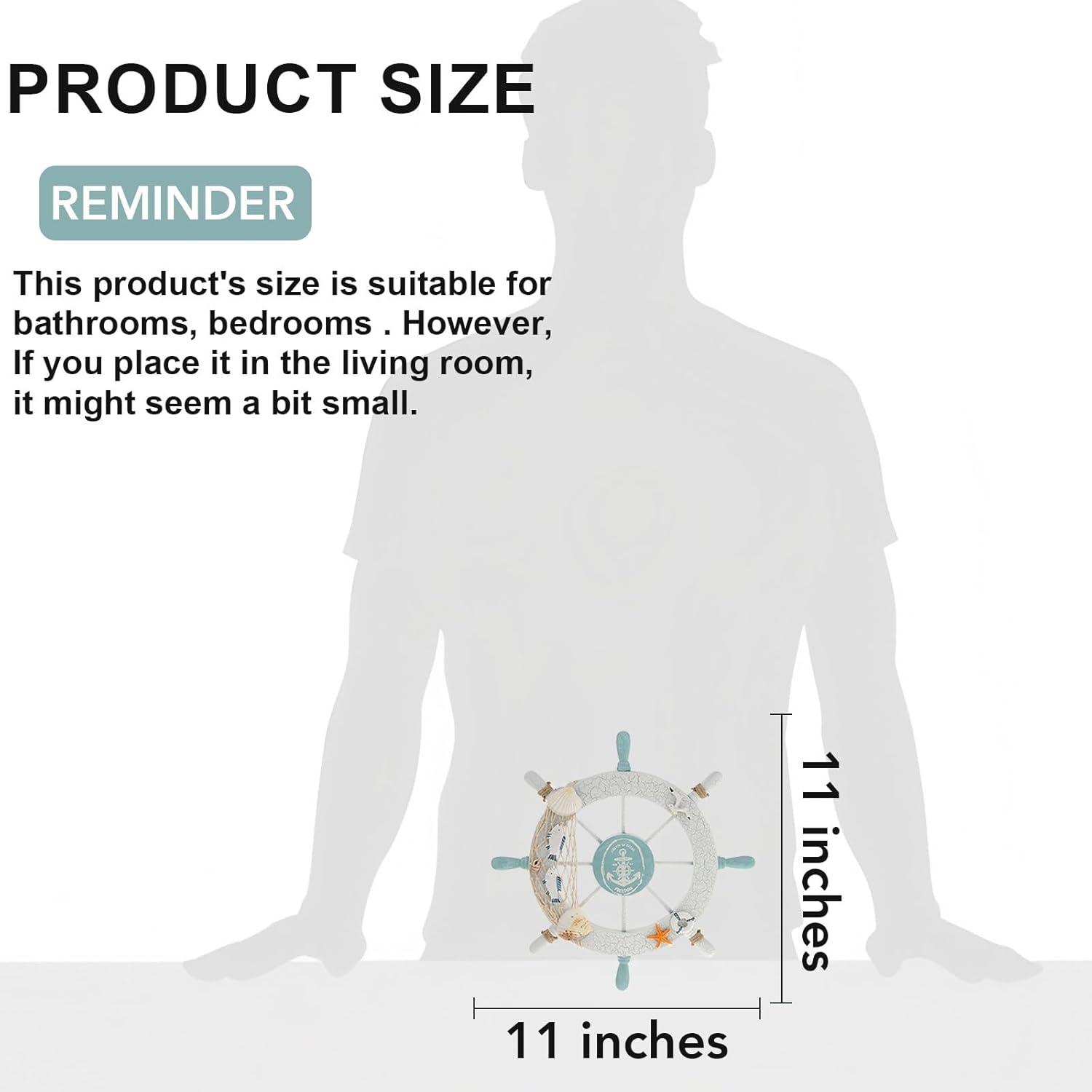 Nautical Beach Wooden Boat Ship Steering Wheel Fishing Net Shell Fish Home Wall Décor(11" Diameter) - Image 2