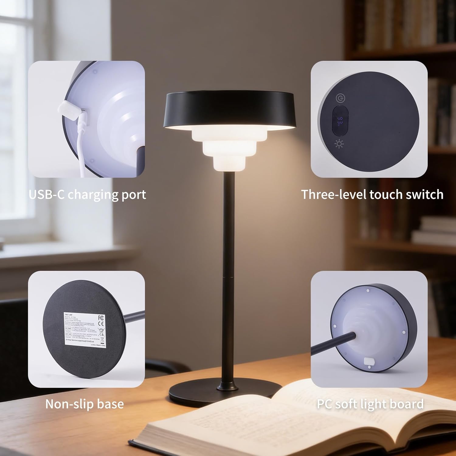 Cordless Table Lamp, 5400mAh Battery Operated Lamps, Battery Level Display, LED Memory Function, Rechargeable Table Lmap, Suitable for Restaurant, Bedroom, Cafe, and Home(Black)