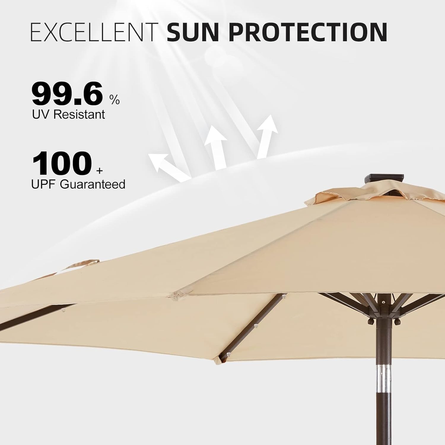 wikiwiki 9 ft solar led patio umbrella, outdoor table market umbrella for deck, pool, garden w/tilt, crank, 32 led lights, beige