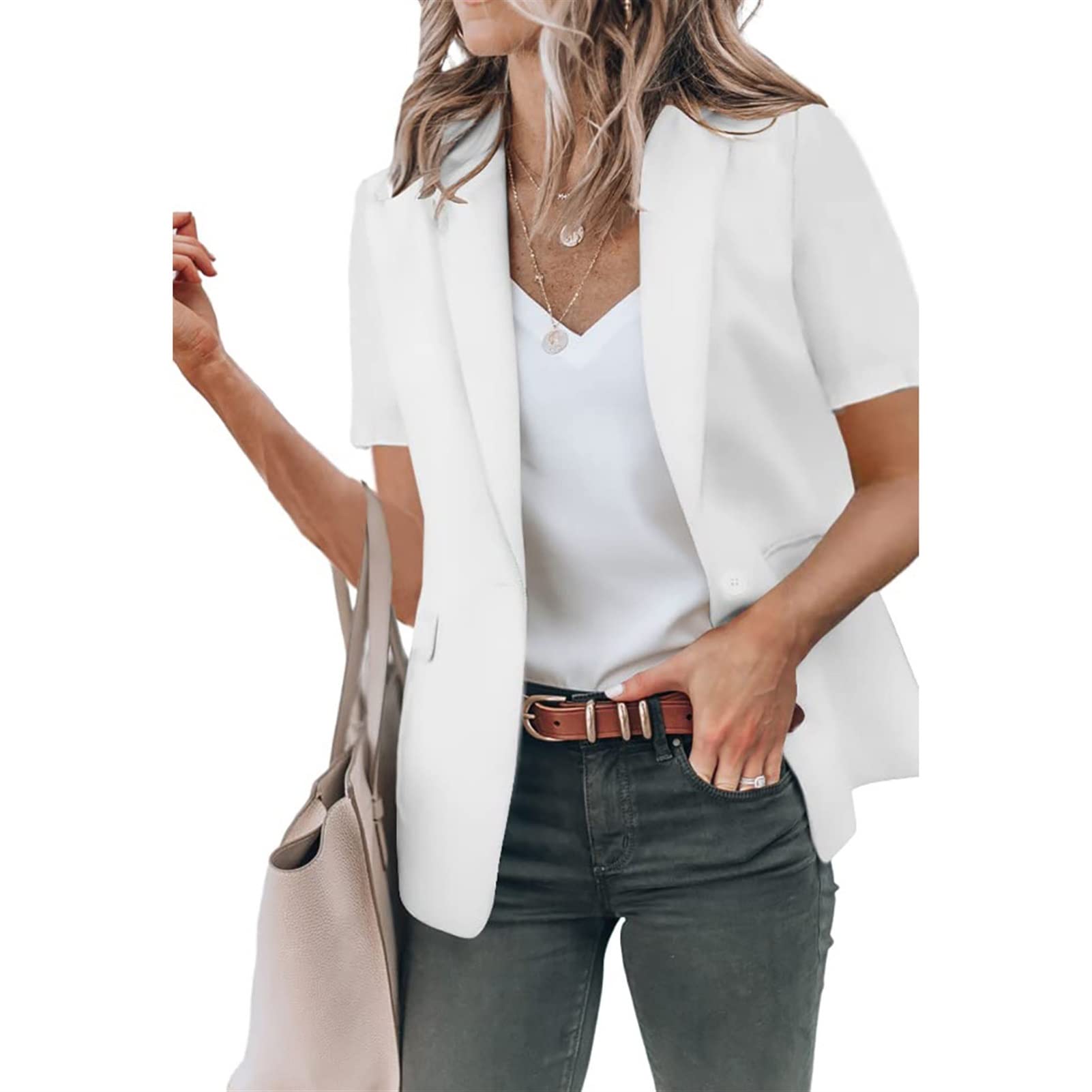 Blazer de Manga Corta con Cuello en V para Mujer, Chaqueta Elegante de Verano con un botón, Chaqueta Americana Larga, Chaqueta Ajustada para Mujer para Negocios y Ocio