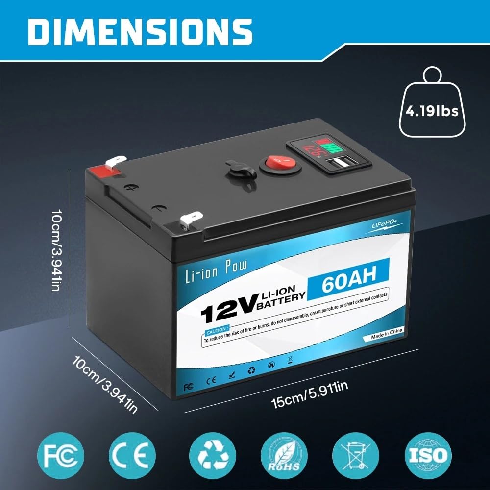 Batteria a ciclo profondo al litio LiFePO4 12V 60Ah,