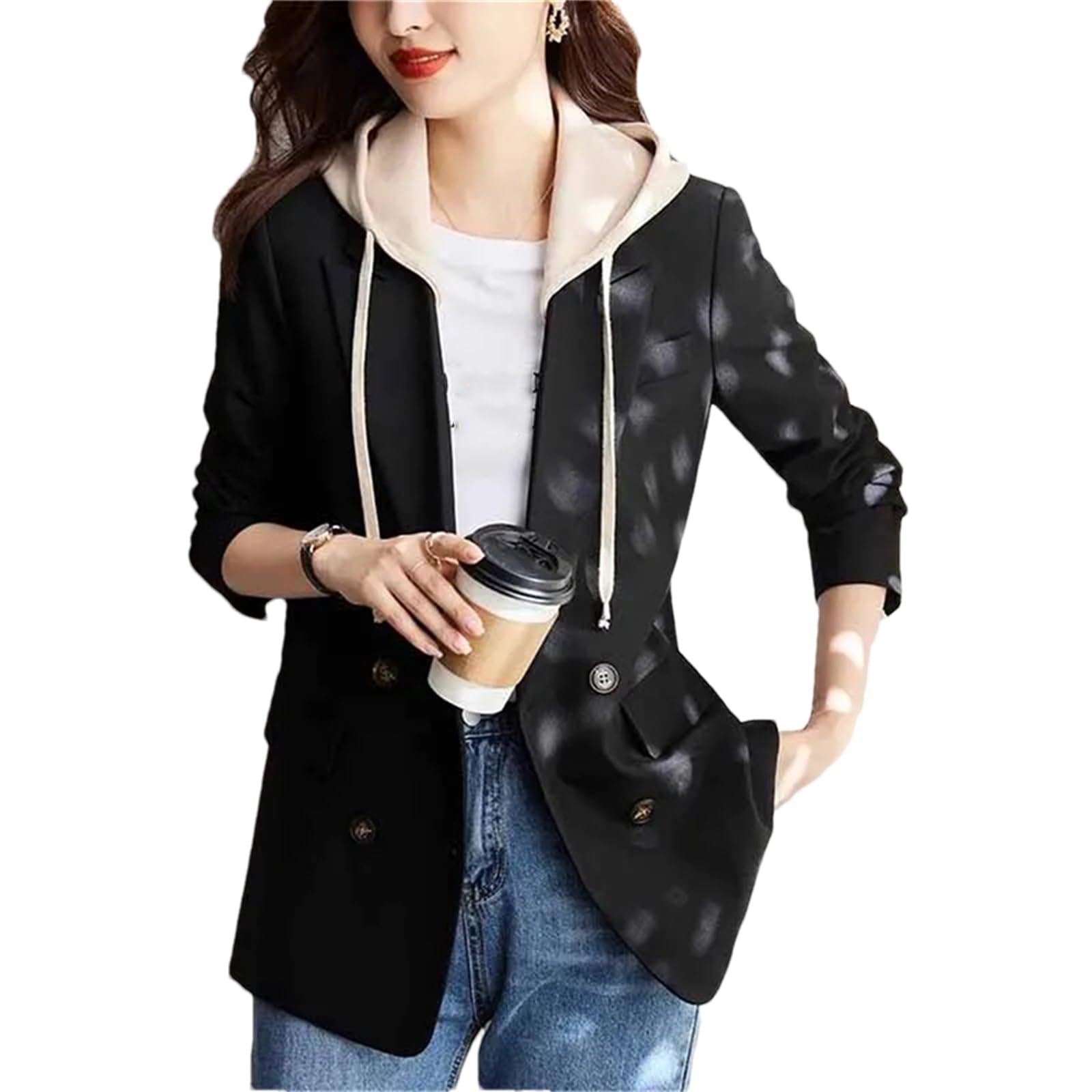 Womens Hooded Blazer Coat Business Casual Long Sleeve Thin Suit Jackets with Pockets