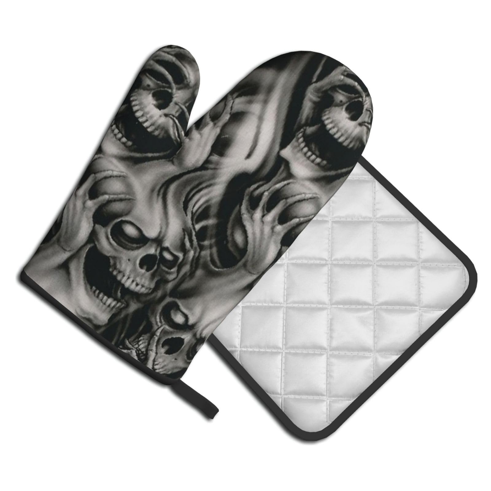 Oven Mitts and Pot Holders Set of 2 Pcs, Cool Evil Skull Printed Heat Resistant Kitchen Gloves Potholders for Cooking Baking Grilling