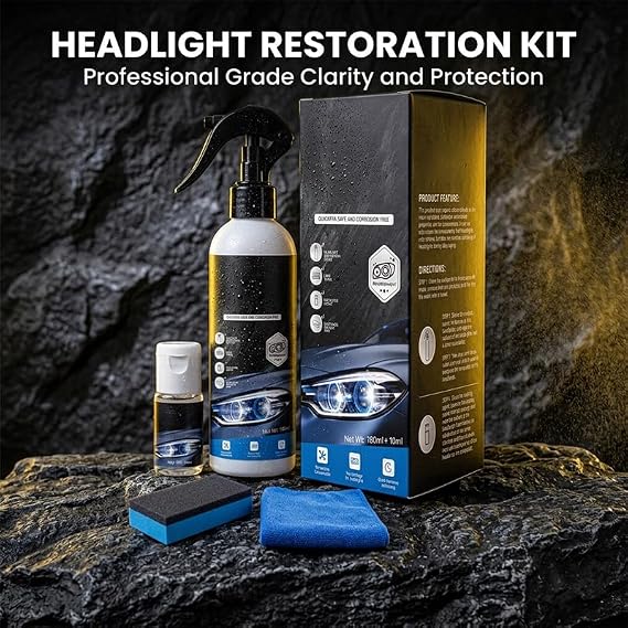Headlight Restoration Kit, Car Headlight Cleaner and Restorer Kit, No Power Tools Required, Headlight Restoration Spray for Yellowing, Oxidation, Foggy Plastic Lenses (1)