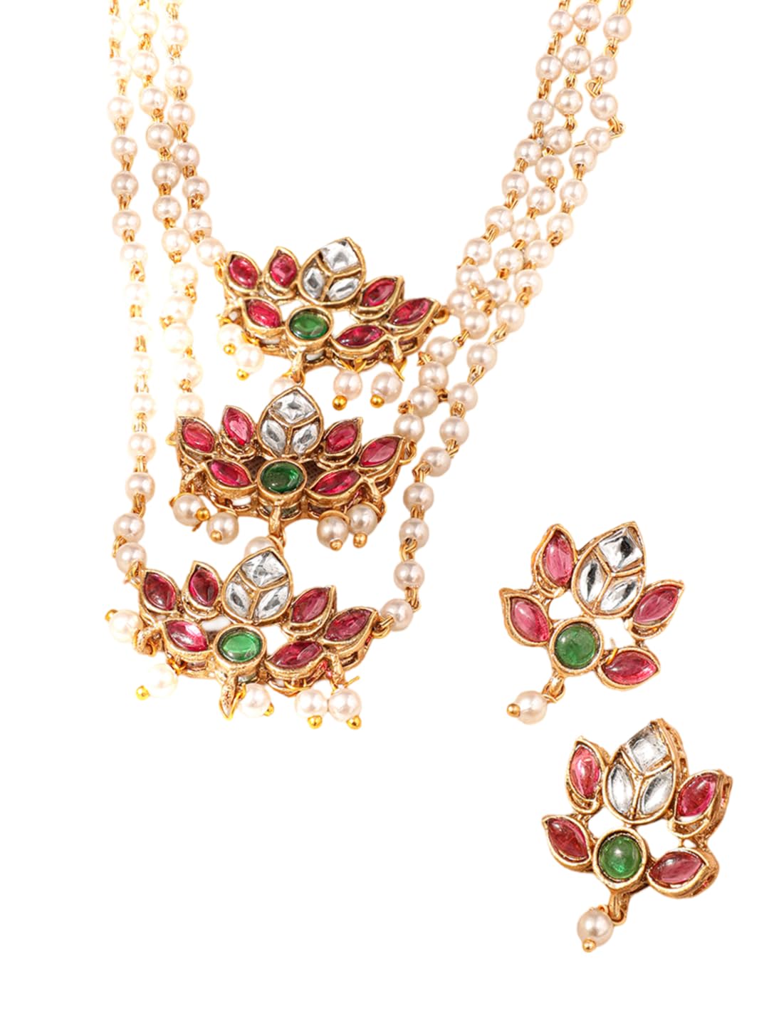 Rubans 22K Gold Plated Pearl Beaded Ruby Emerald Studded Lotus Motif Jewelry Set For Women (B0D6G7S4GV) Amazon Price History, Amazon Price Tracker