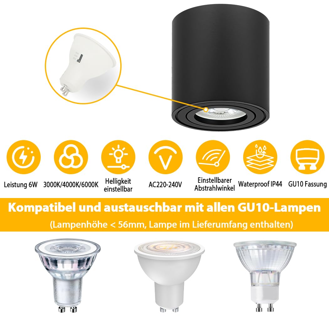 Aufbauspot Deckenstrahler mit Schwenkbarem Kopf,Runde Flach Spots Deckenleuchte Dimmbar mit GU10 Set Inkl Leuchtmittel,3 CCT umschaltbar,Modern Deckenspots Schwarz 80x85mm für Küche Bad,4er Set