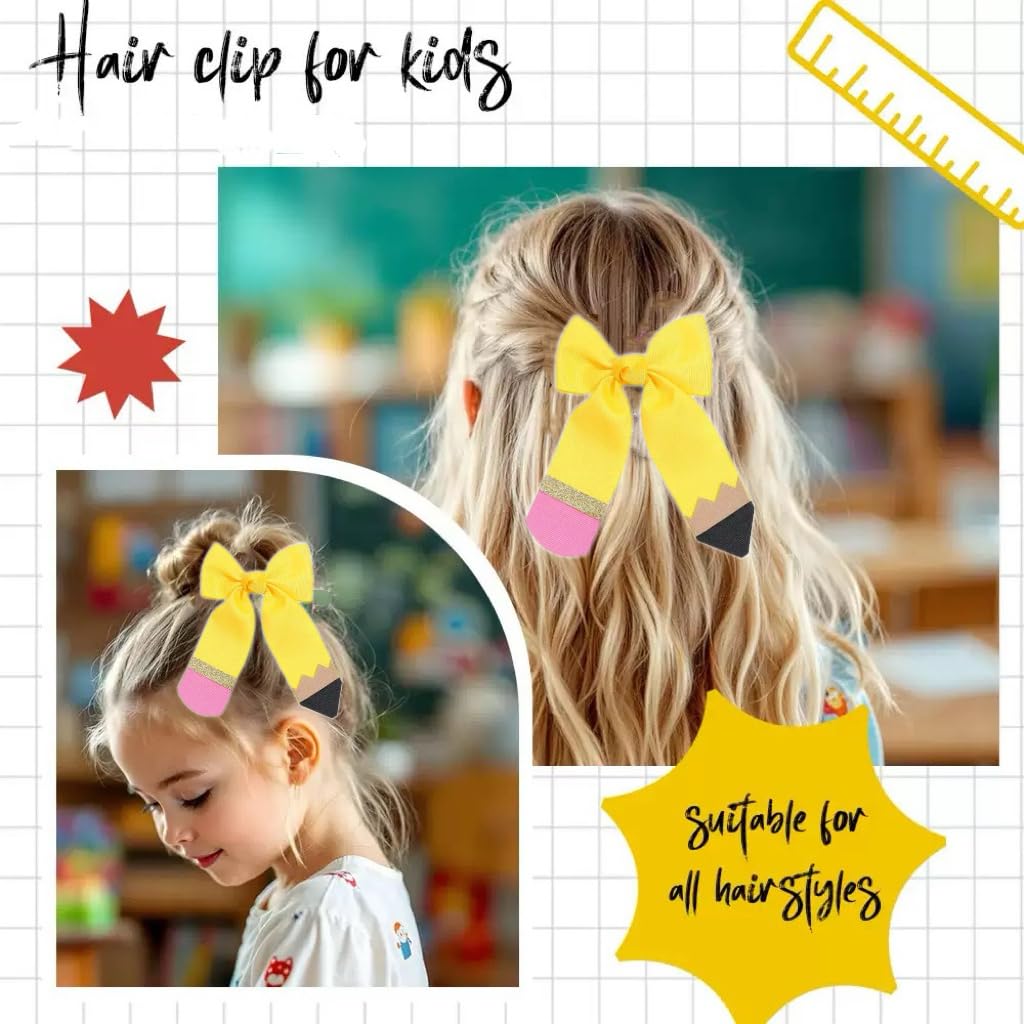 Pencil Hair Bow Clips Barrettes,Back School Gift for TeenToddler Girls Kids Graduation Cheer Party Favors UnifromDress Decoartion Accessories. (back shool B) image 2