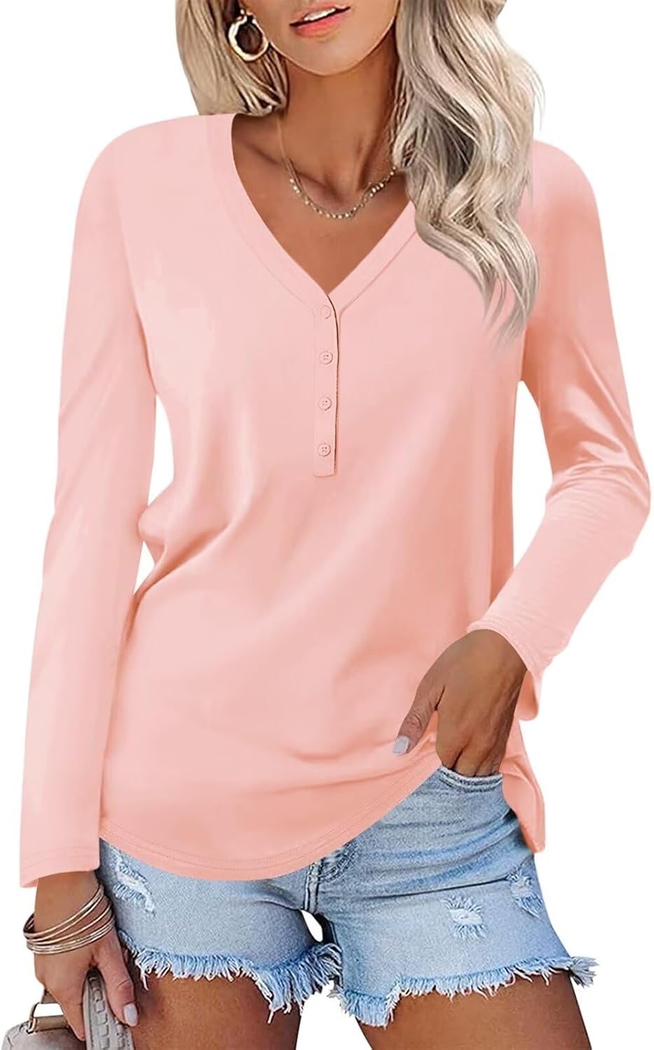 Minetom Women’s Long Sleeve V Neck T Shirts Henley Tops Casual Shirts Blouses