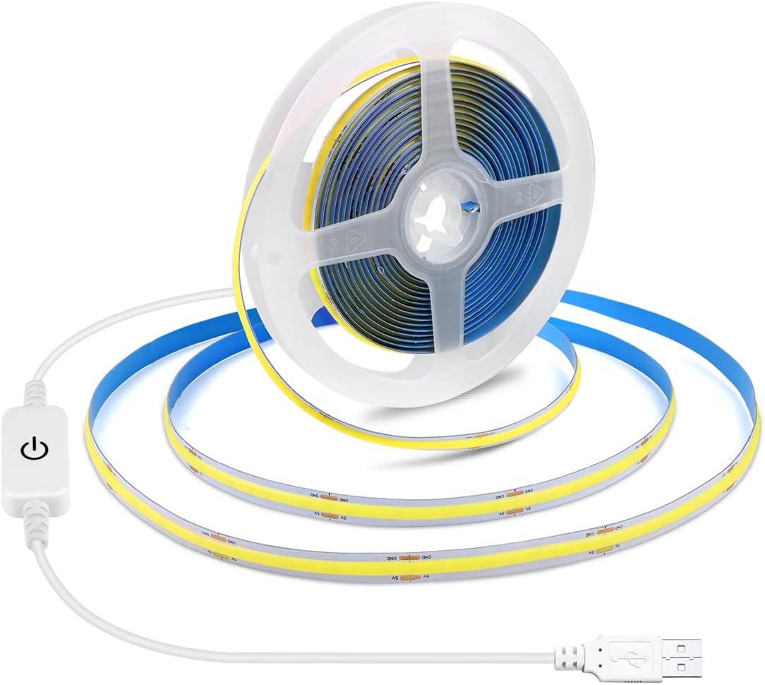 COB LED Strip Lights, USB Dimmable White Light Strip, 6.56ft/2M 640LEDs 5V RA90 Indoor Backlight LED TV Lights, CRI85+ High Brightness Flexible COB LED Light Strips for Bedroom /Kitchen Cabinet/Mirror