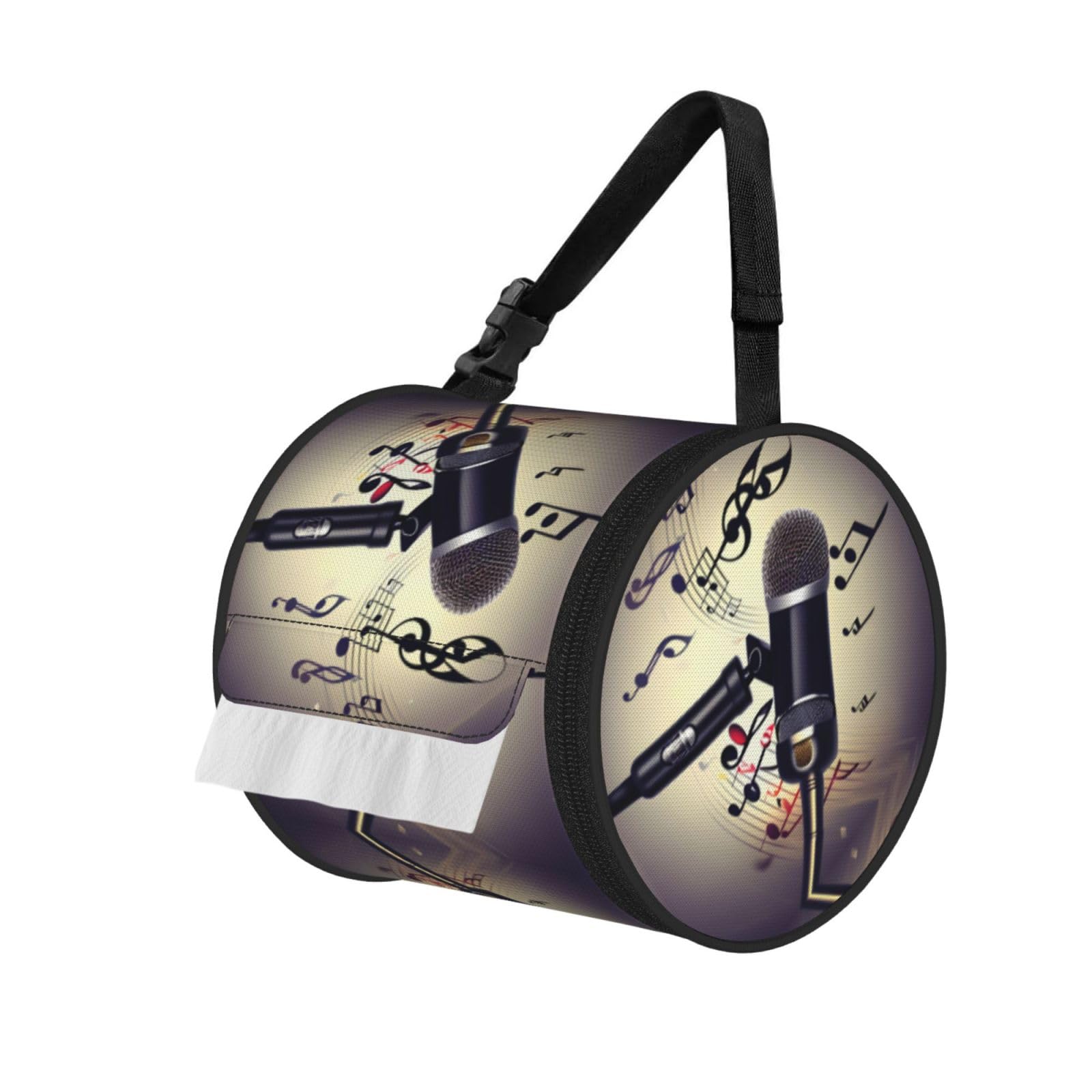 Jiuty Black Microphone With Music Note Print Cylinder Tissue Organizer Bag With Strap, Portable Toilet Roll Holder For Camping Car