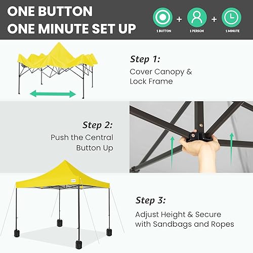 Miniatura 4 de JEAREY Tienda de campaña desplegable mejorada de 10 x 10 pies, toldo resistente para exteriores con bolsa enrollable, 4 bolsas de arena, amarillo