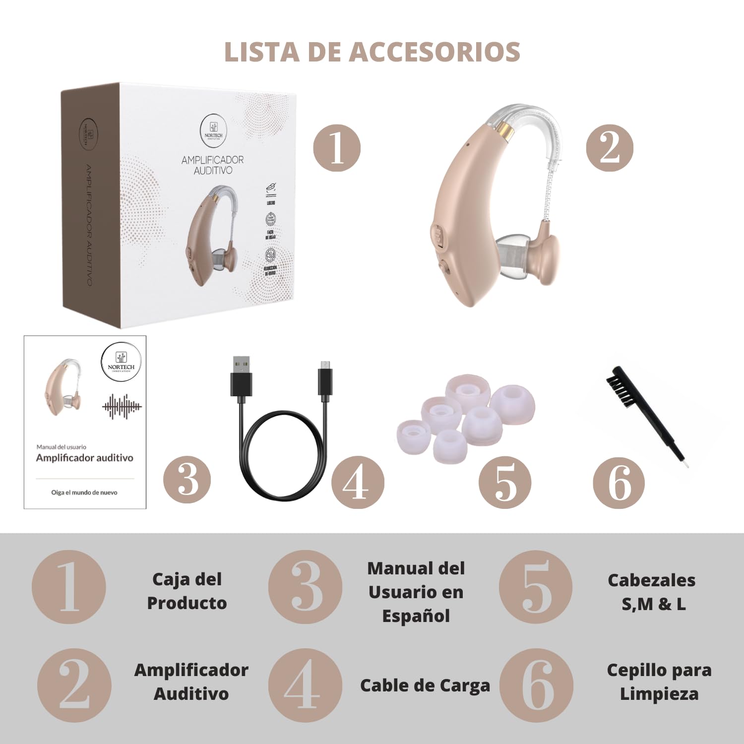 Amplificador Auditivo Recargable de Larga Duración, Amplificador de Sonido Recargable Inalámbrico, Amplificador Auditivo Universal, Mini Aparato Auditivo para Oír Mejor (Beige)