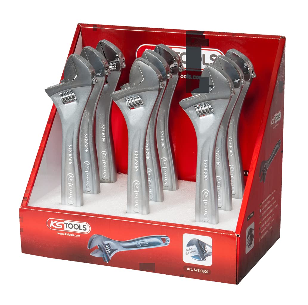 Ks Tools 577.0250D - Présentoir de 9 Clés à molettes - 10'' - L.250 mm - En Chrome Vanadium - Finition chromée