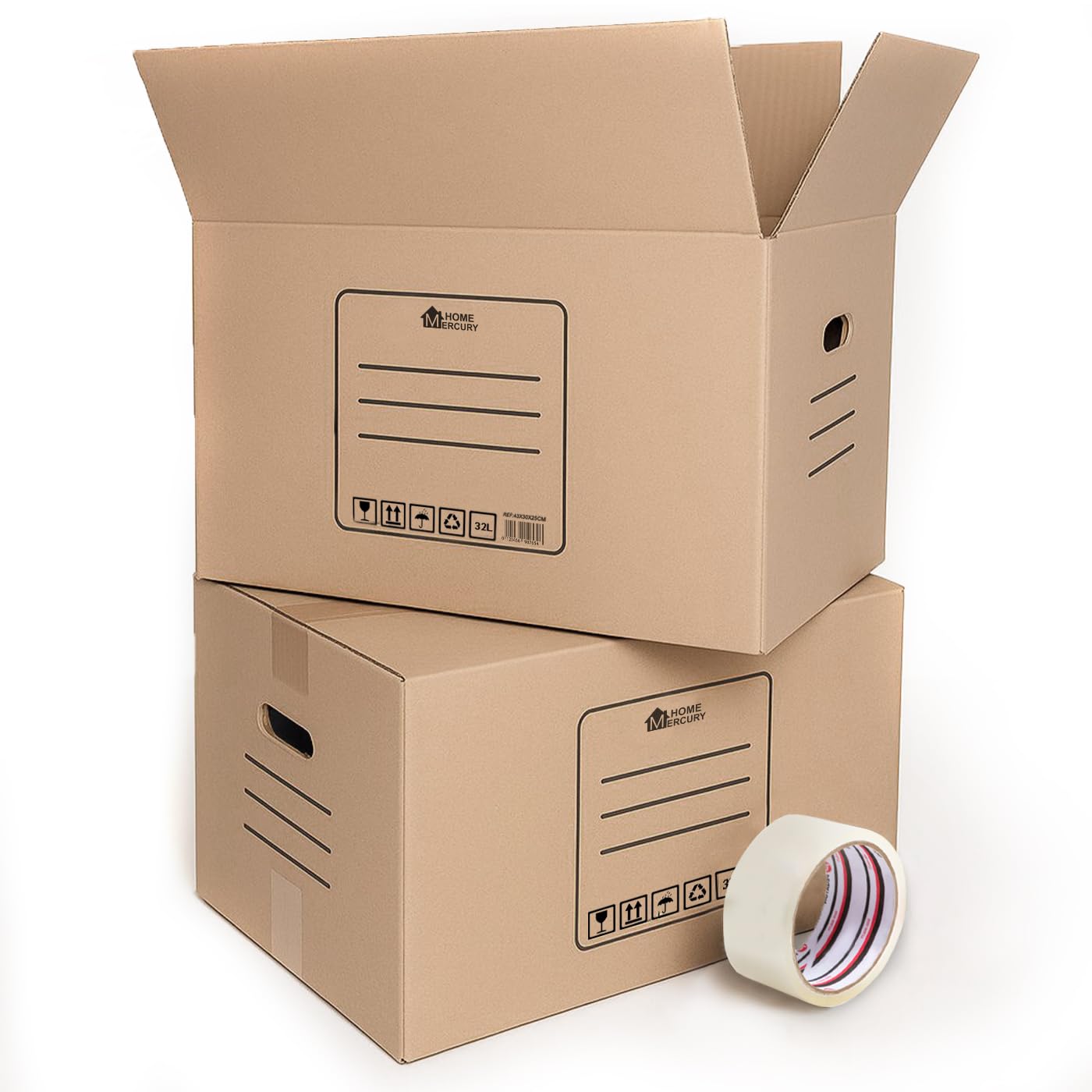 MERCURY- PACK 10/20 Cajas mudanza y Almacenaje Ultra Resistentes + Precinto, Cajas de Carton con Asas para fácil manejo,box grandes y pequeñas,Reutilizables (10 Cajas 50x30x30CM 45Litros)