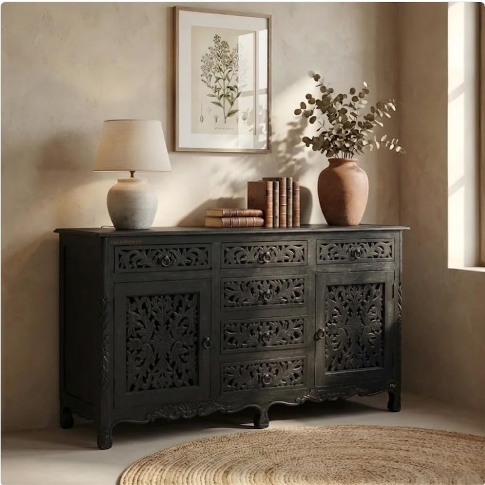 FURNWEAVE Ativia Solid Wood Sideboard Tv Cabinet for Living Room, Office | Tv Unit Side Board Table with 6 Drawers & 2 Doors Solid Wooden Antique Storage Cabinet Furniture for Home, Black Antique-image-29