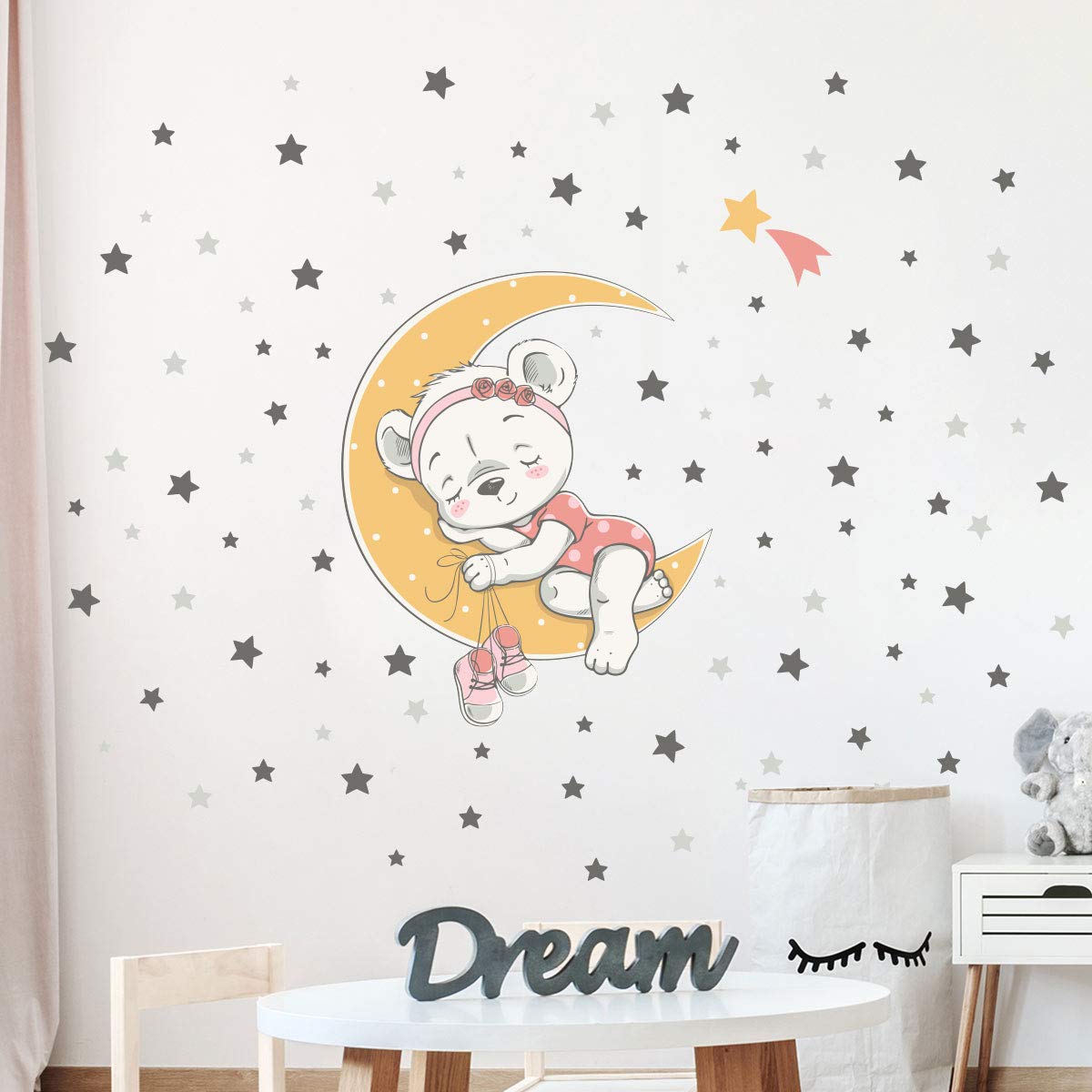 Children's Wall Stickers, Baby Room Decoration, Children's Wall Stickers, Wall Sticker Bear on The Moon + 100 Stars - Image 4