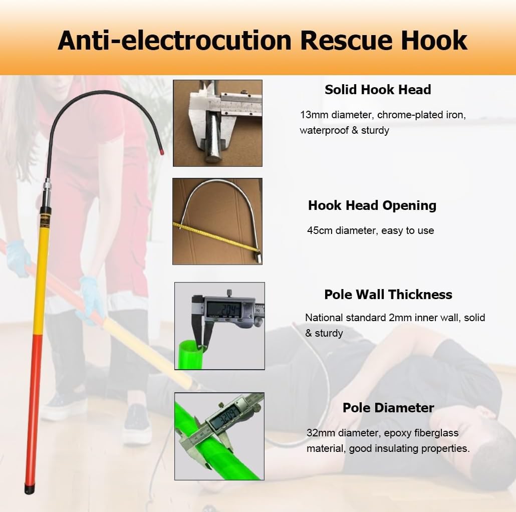 High Voltage Insulated Telescopic Rescue Hook for Linemen - 6.6 ft/2.0 m Anti-Electrocution Tool for Electrical Gear, Essential Safety Equipment for Electricians