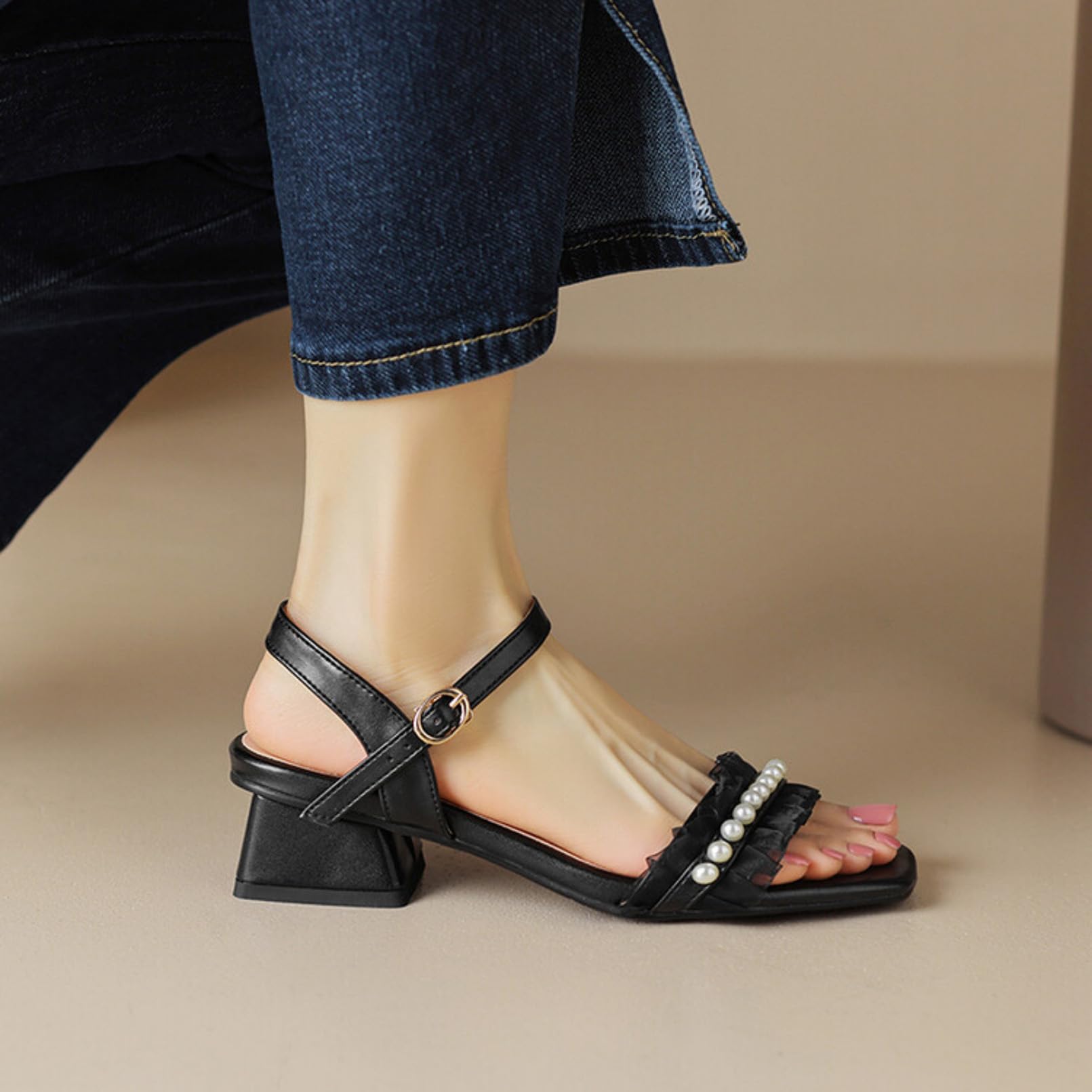 Generico Sandali Slingback Donna con Fibbia Metallica Regolabile Decorativo Perline Volant Tulle Fascia Singola Tacco Blocco Basso Calzature Estive Vita Quotidiana Ufficio Viaggi
