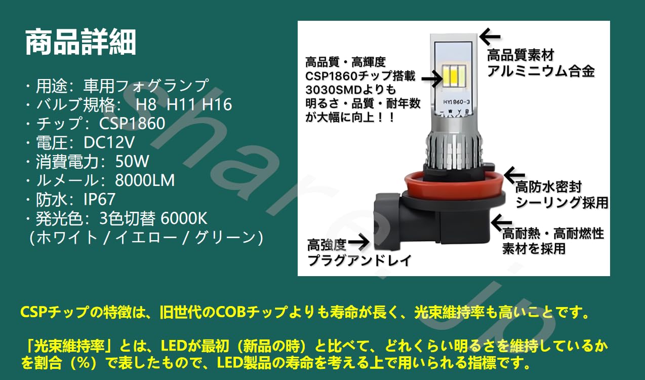 Amazon | H8 H9 H11 H16 LED フォグランプ 3色切替 6000K 8000ルーメン 