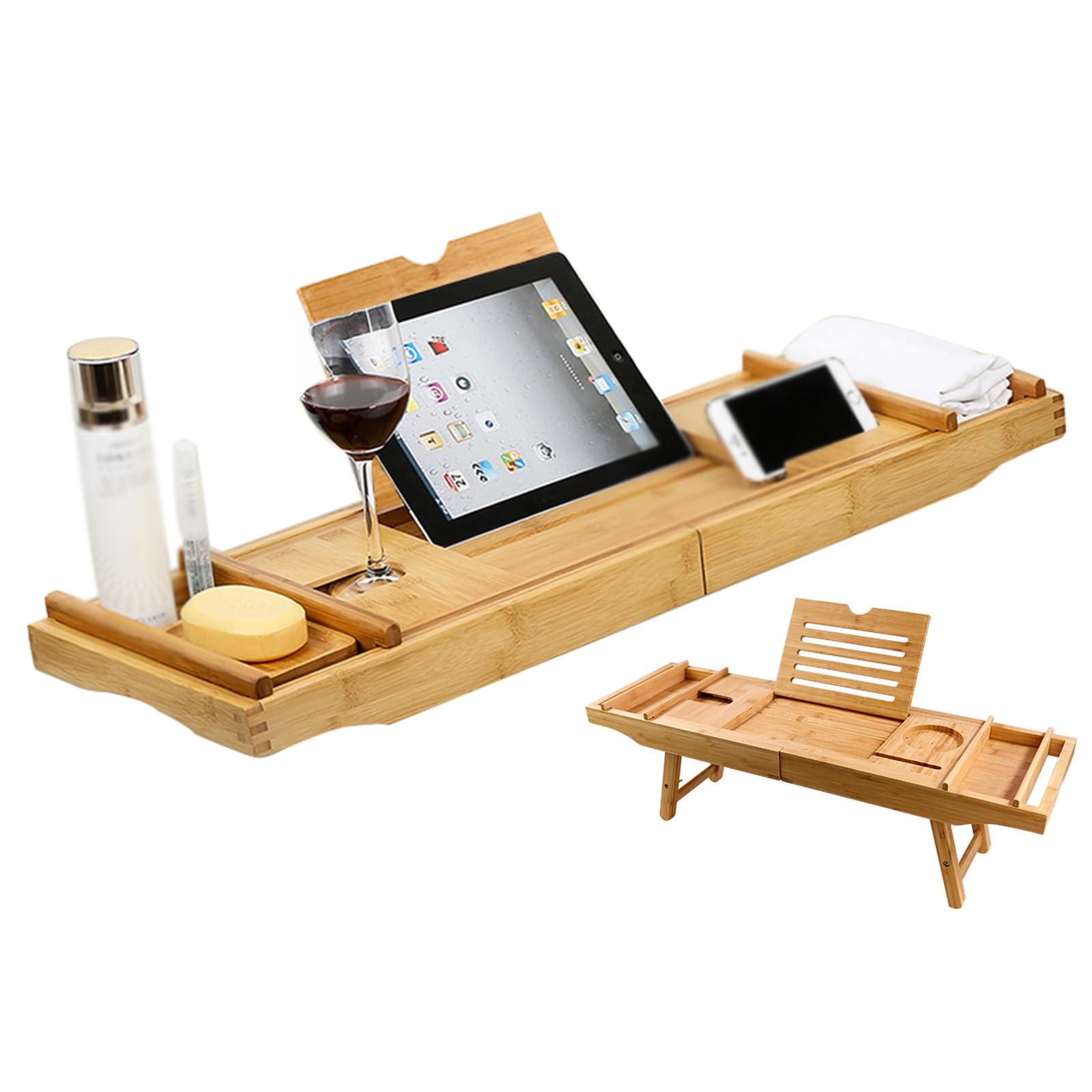 Bandeja de bambú para bañera, bandeja de mesa de baño de bambú con patas de mesa, soporte para libros y copas de vino, bandeja retráctil para bañera de lujo, spa o lectura