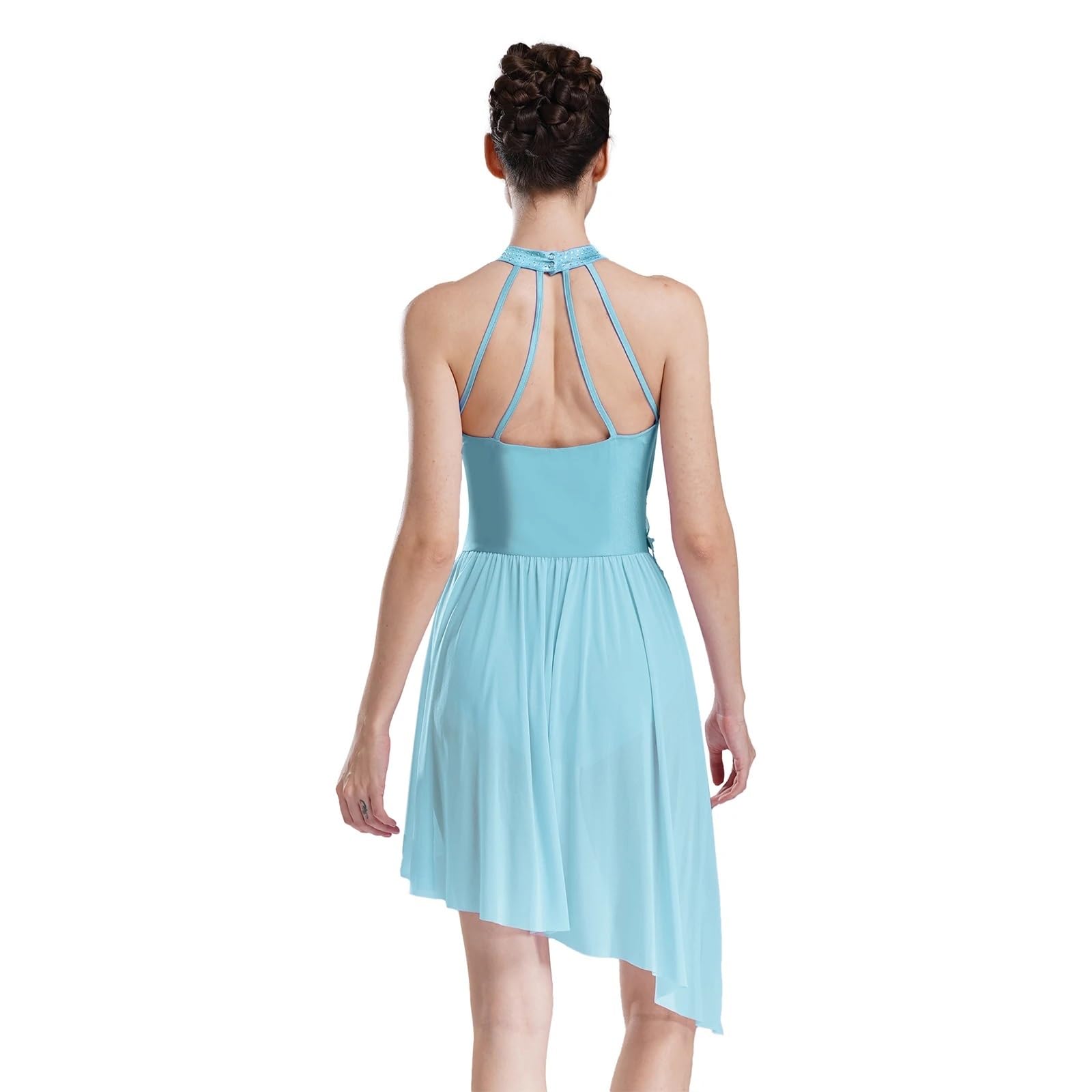 Vestido de ballet para mujer, con letras líricas, para patinaje artístico, espalda con tirantes, dobladillo asimétrico, con diamantes de imitación brillantes