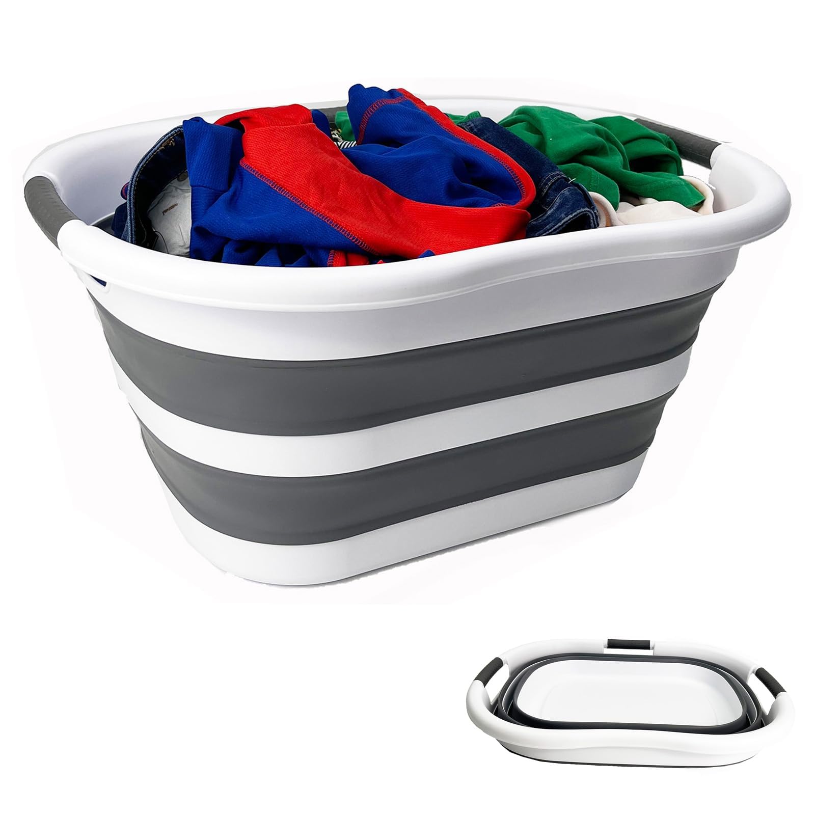 SAMMART 40L Plastic Foldable Laundry Basket/Tub - Collapsible, Space Saving and Portable Laundry Hamper, Ideal for Home, Travel, Dorm, and Camping (1, White/Steel Gray)