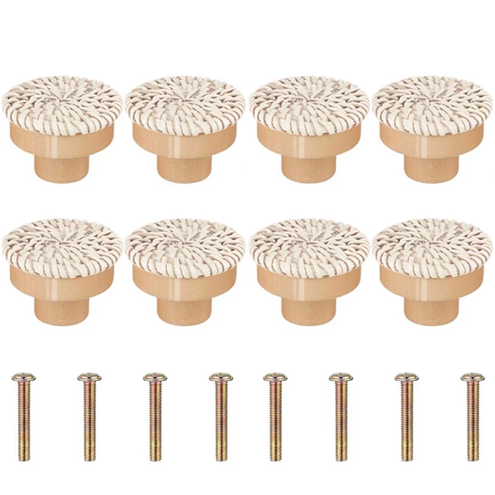 UBOHUZ 8PCS Wooden Rattan Dresser Knobs Kit Round Decorative Furniture Pull Handles Multipurpose Woven Drawer Pulls for Bedside Tables for Cupboard, Wardrobe(White 8Pieces)