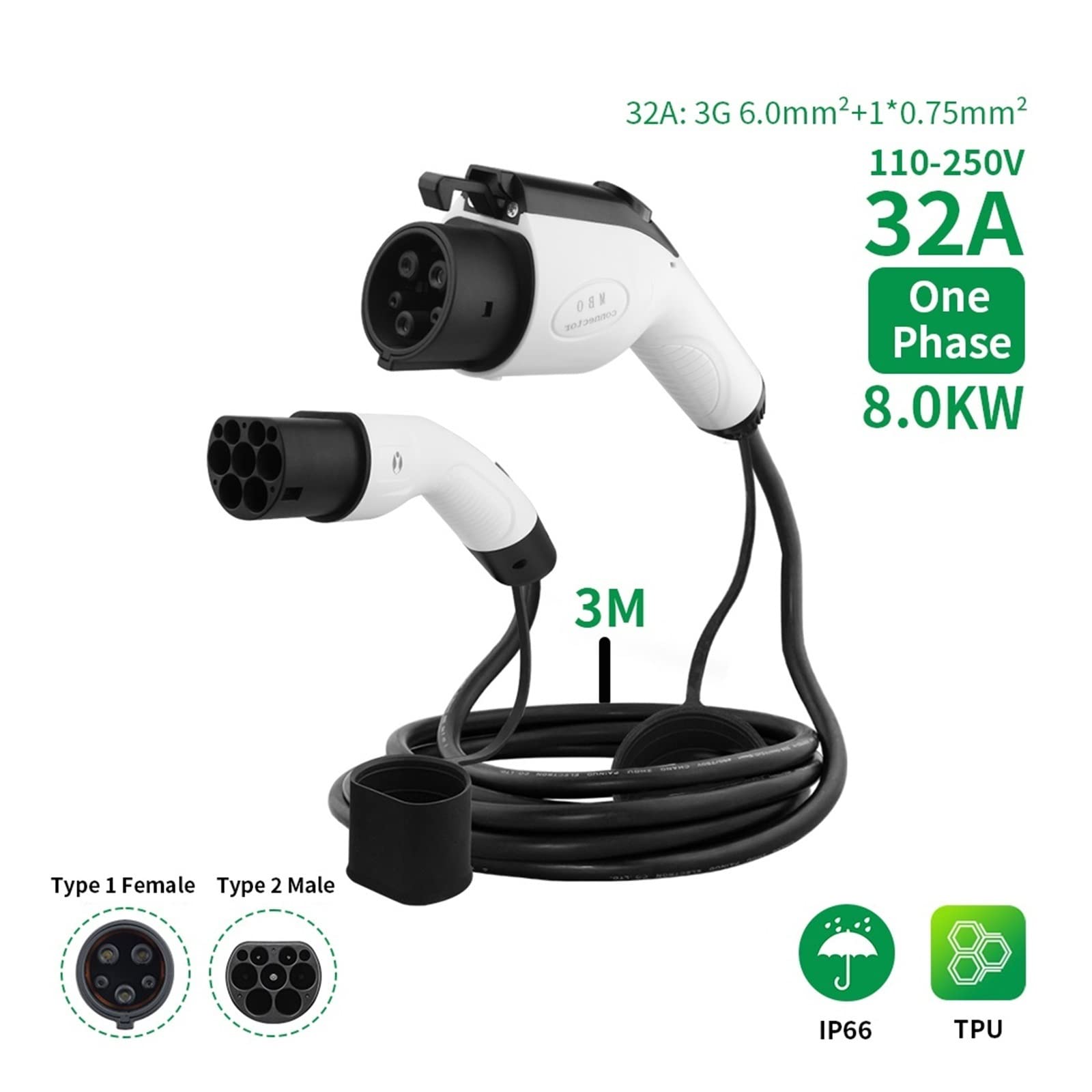 EV-Ladekabel J1772 Typ1 Bis Typ2 Buchse Auf Stecker 1 Phase 32A 5M Kabel Elektrofahrzeug-Ladestationskabel (Color : 32A 1Phase 8KW 3M)