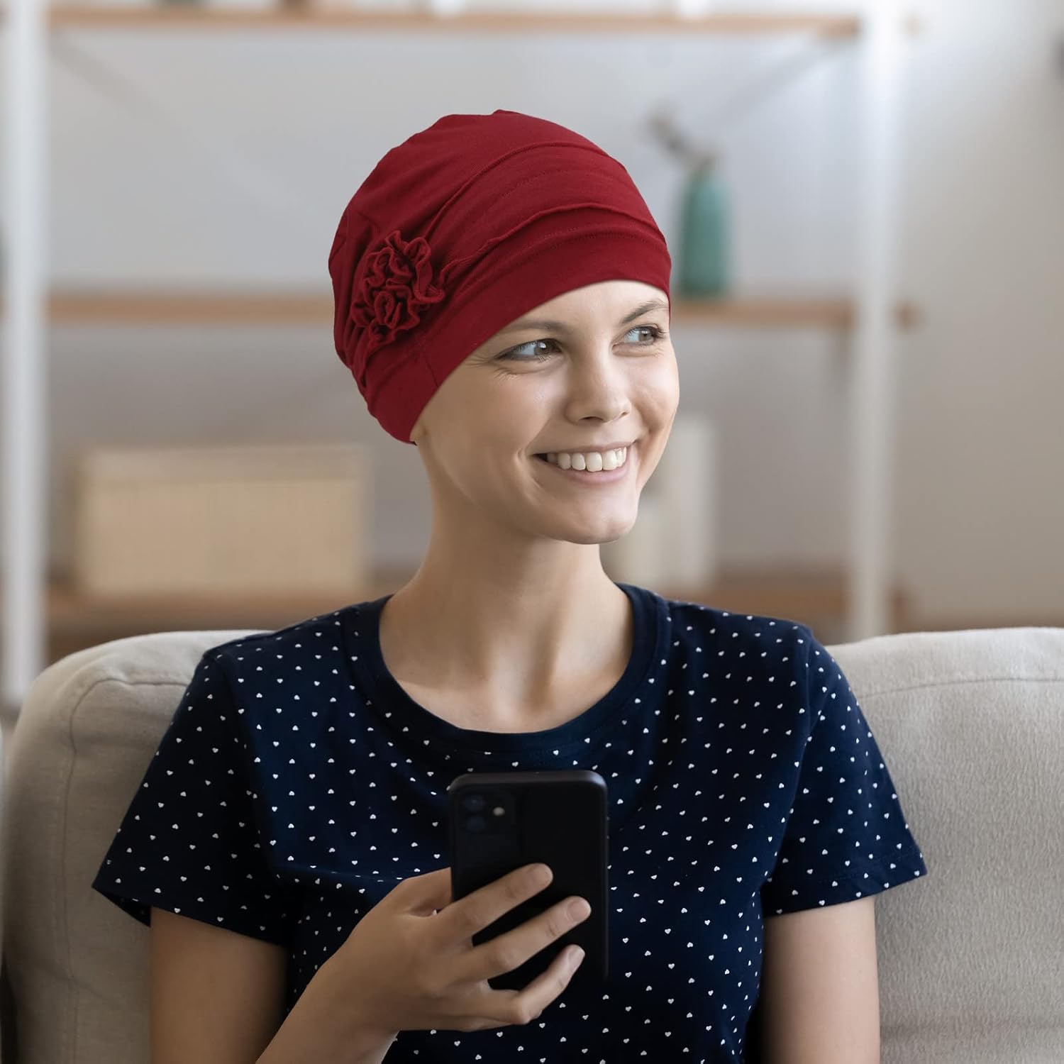 Geyoga 4 Pcs Chemo Turban Headwear for Women Slouchy Soft Chemo Cancer Hats Winter Warm Elastic Sleep Cap with Flower Design - Image 4