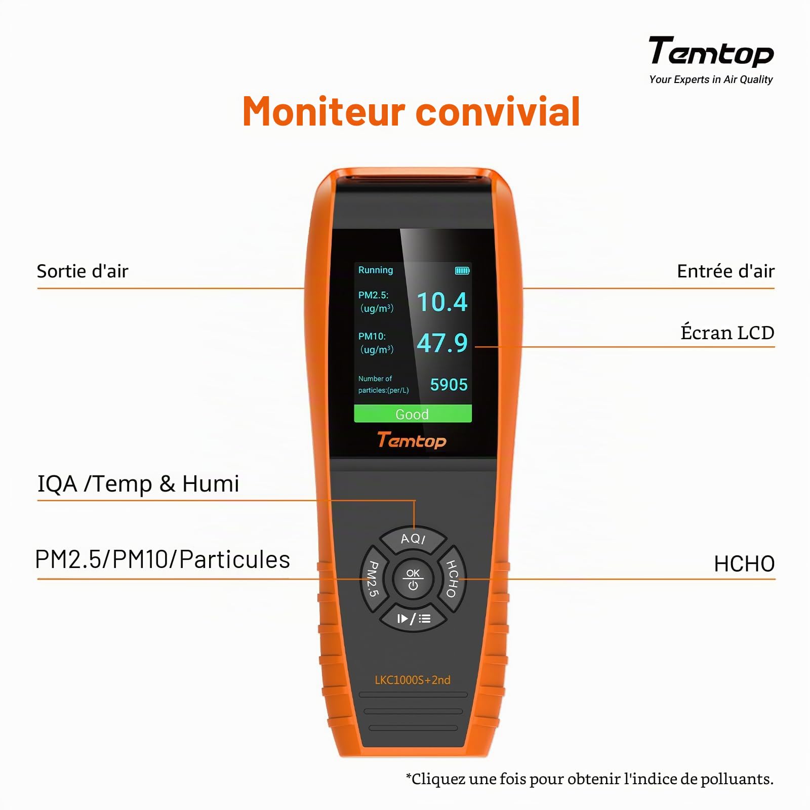 Temtop Détecteur de Qualité de l'air Appareil Mesurant PM2,5 PM10 HCHO COV AQI Température et Humidité Moniteur Qualité Air Intérieur pour Maison Bureau, LKC-1000S+2nd