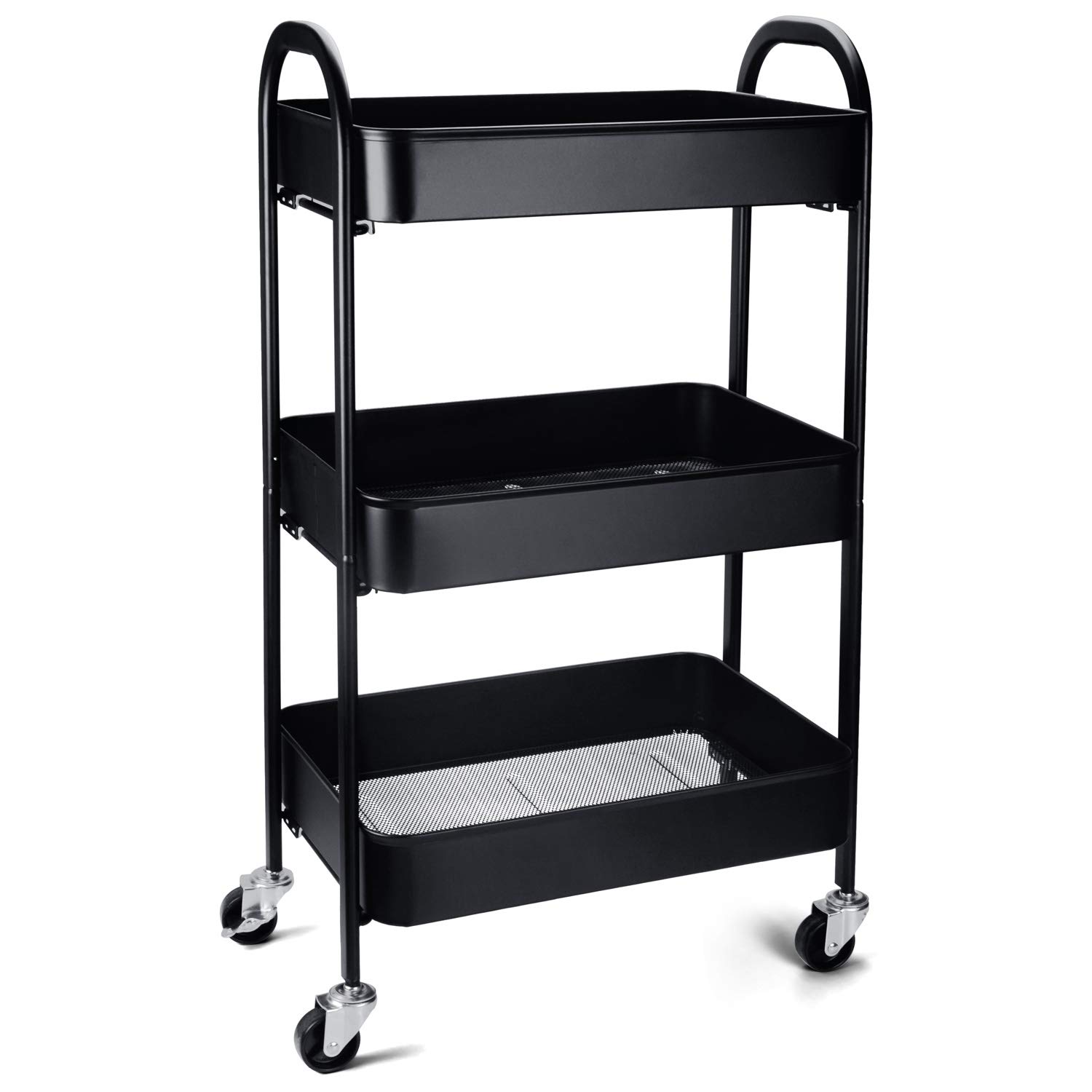 3-Tier Rolling Utility Storage Cart, Large Heavy Duty Metal Kitchen Organizer Rack with Caster Wheels (Black
