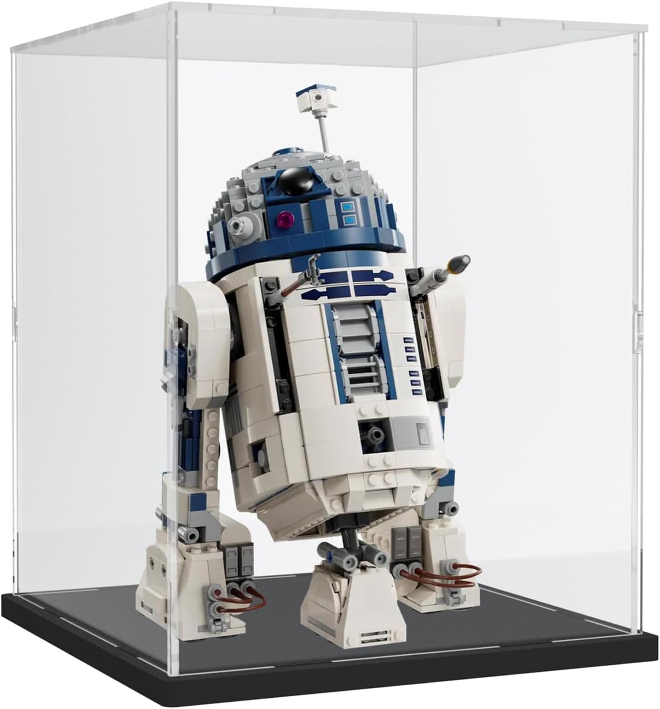 DuvinDD Acrylic Display Case for LEGO Star Wars Helmets Sets for LEGO R2D2,Clear Acrylic Display Box for Collectibles Dustproof Protection Showcase(20x20x25cm,Black Base)